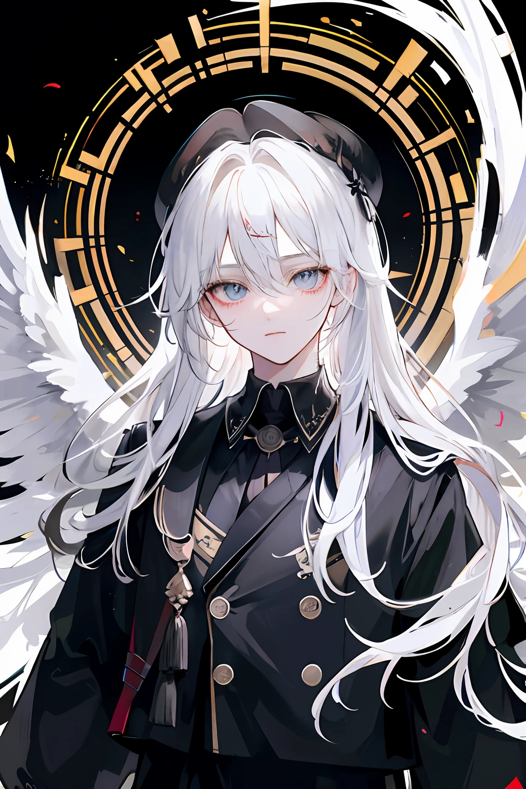 ancient wind，schoolboy，schoolboy，long  white hair，Black wings，Black corners，Golden pupils。