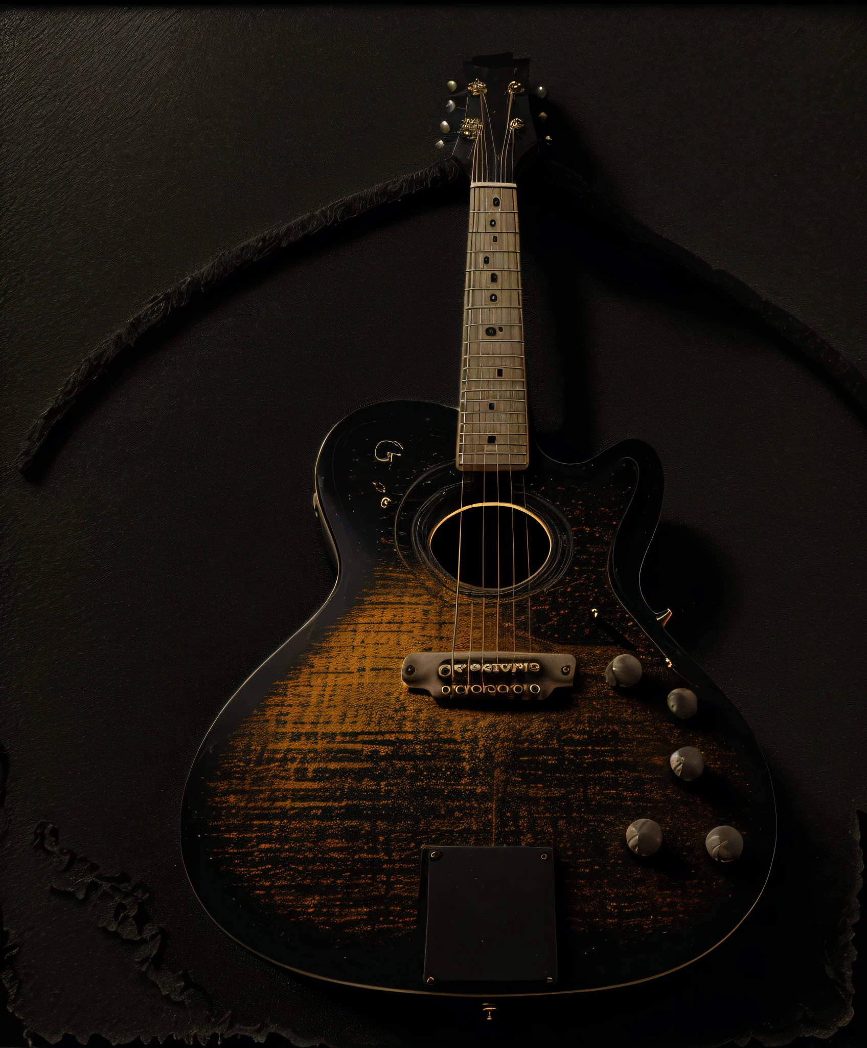 uma mulher linda jovem de 25 anos, ao lado de uma guitarra, Arte centralizada, 3D, vetor, respingos de cores vivas, detalhes intrincados,, Anel luminoso, edge vinheta, (black background behind:1.4)