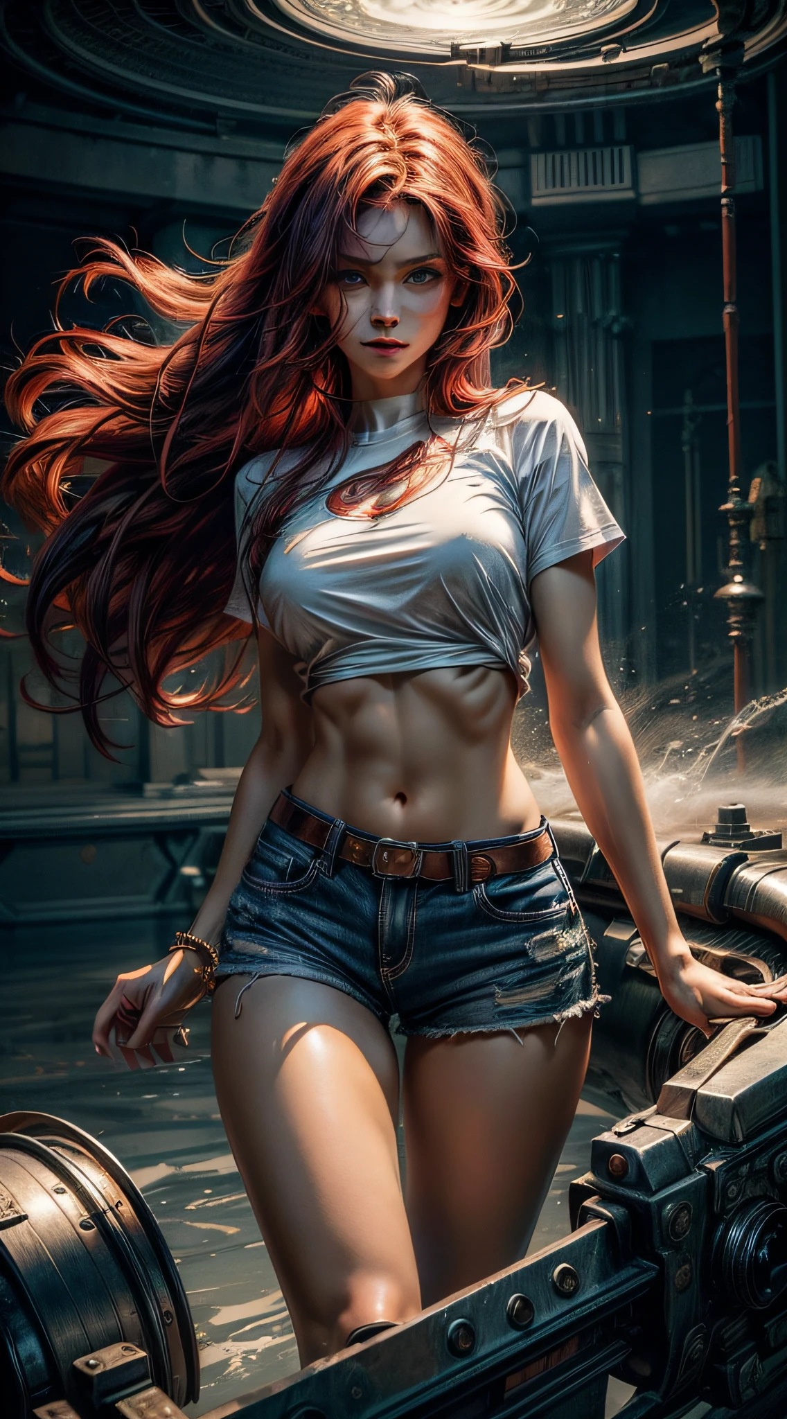 ((Best Quality)), ((Masterpiece)), (Detailed: 1.4), 8k, 1girl, blue eyes, red hair, very long hair, silky hair, big chest, slim waist, big body, defined body, thick thigh, well defined thigh. Wearing ripped micro shorts, babylook t-shirt. A concentration pose looking seriously at the viewer, low angle, view from the ground. Emitting a huge aura enveloping the entire body, a whirlpool of immense power enveloping the entire body, ki charge, intricate white aura with red aura.