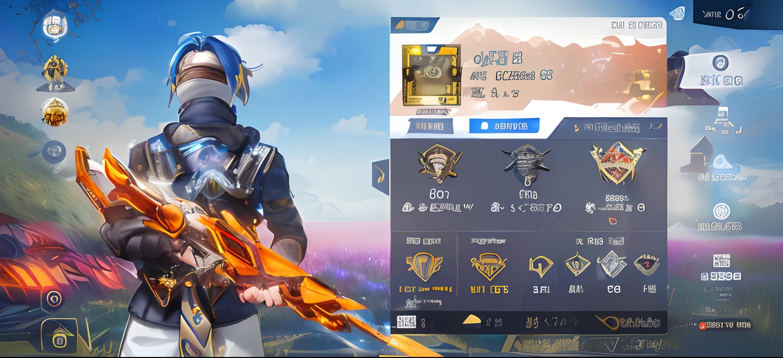 Close-up of a man holding a weapon in the field, pc game with ui, ui card, 8 k character details, ethereal and mecha theme, Game UI, profile picture 1024px, Genshin, For AAA games, Chiba Yuda, background is heavenly, trending at cgstation, SSAO 8 K