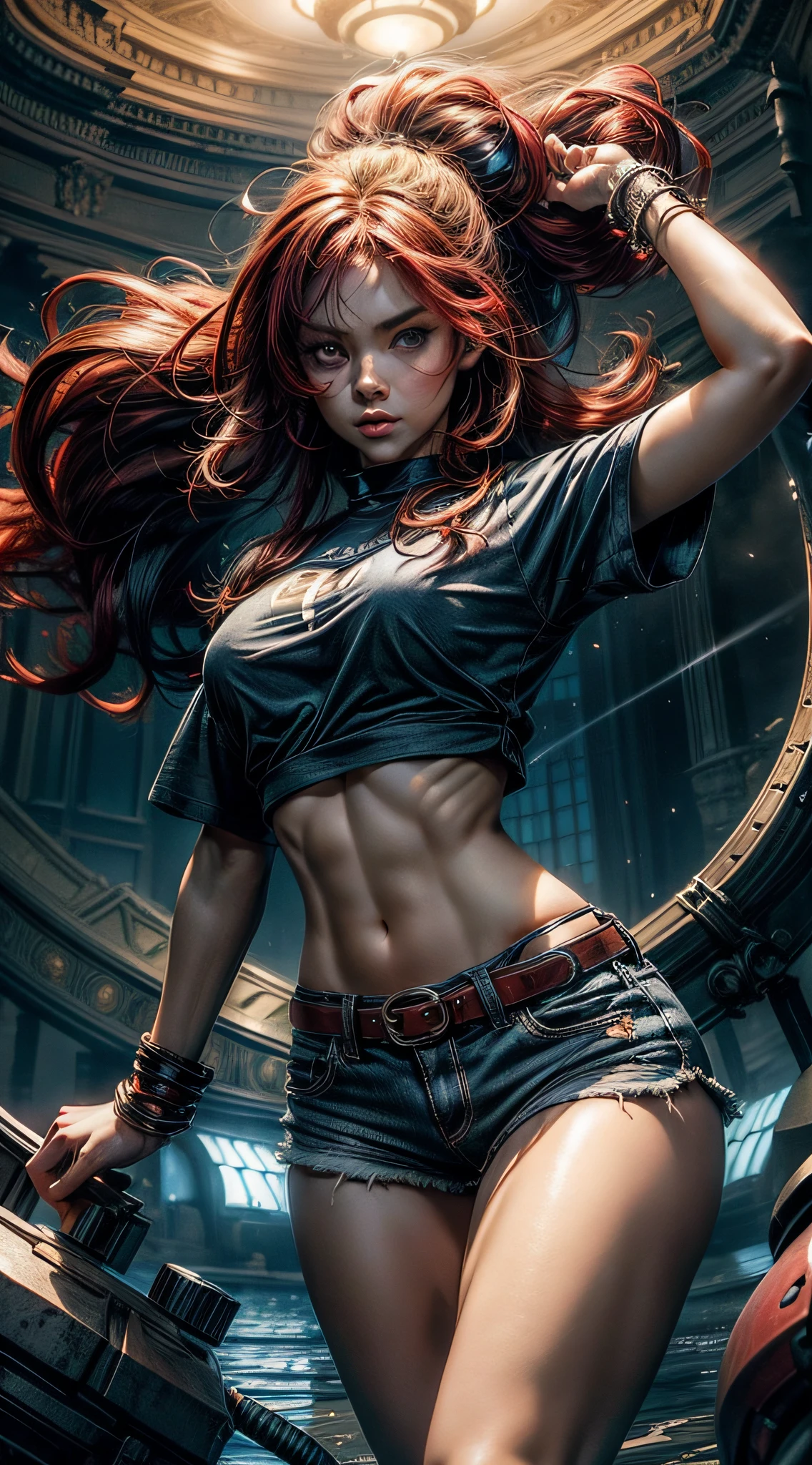 ((Best Quality)), ((Masterpiece)), (Detailed: 1.4), 8k, 1girl, blue eyes, red hair, very long hair, silky hair, big chest, slim waist, big body, defined body, thick thigh, well defined thigh. Wearing ripped micro shorts, babylook t-shirt. A concentration pose looking seriously at the viewer, low angle, view from the ground. Emitting a huge aura enveloping the entire body, a whirlpool of immense power enveloping the entire body, ki charge, intricate white aura with red aura.