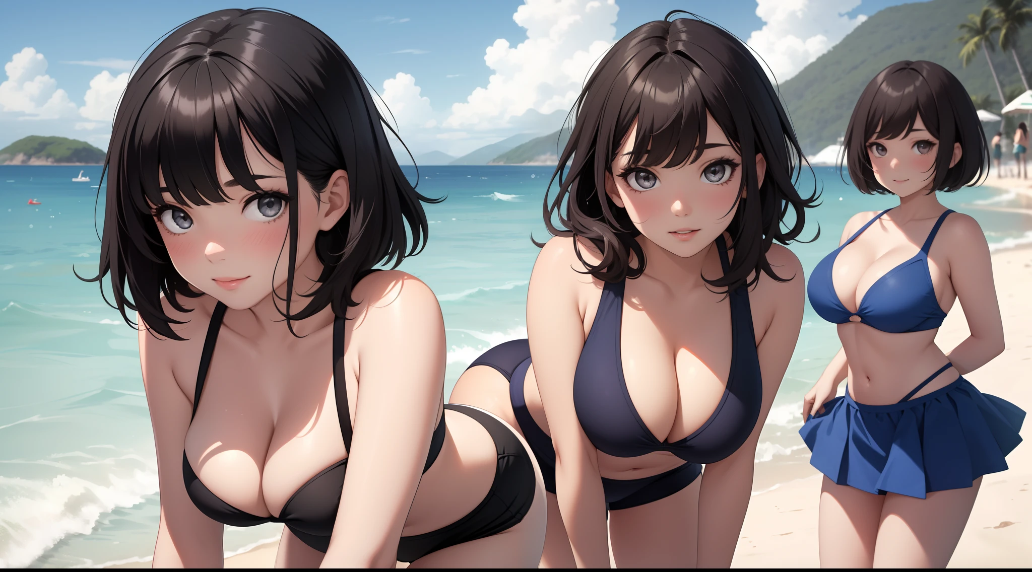 (Best quality:1.1), (Masterpiece:1.2), 5 girls,swim wears,are standing,Highqualityshadow, Beautiful detailed, Beautiful face, Detailed eyes,Depth of field, A high resolution, Best shadow, Best illumination, Kizi, view the viewer, (Five-color hair:1.3),Brush cut,extra very short hair, Blunt bangs, Long hair, Black eyes, Shy, Large breasts, Miniskirt, swim wears, Pump, sea beach,Greenery,clouds, Sunburn,Boo marker,cleavage,looks into camera,ssmile,closeup cleavage,Superskirt