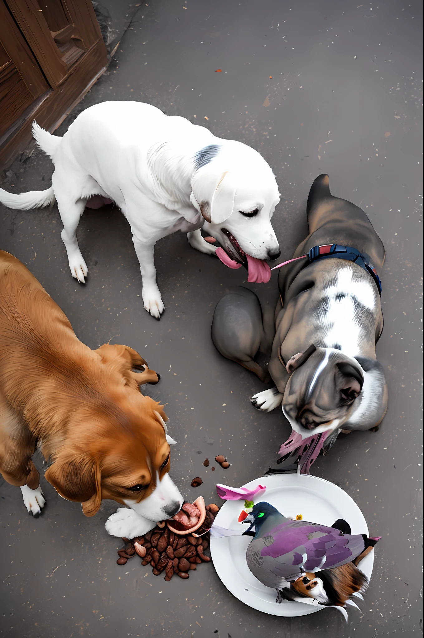 Dog eating and pidgeon