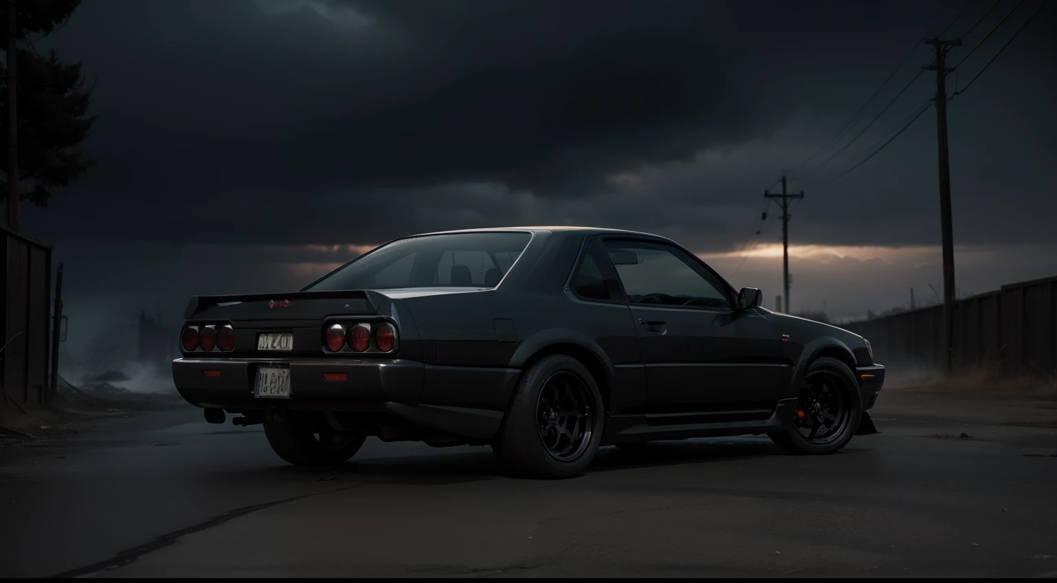 nissan skyline in an apocalyptic scenario, close up, dark ominous atmosphere, ultra detailed, photorealistic.
