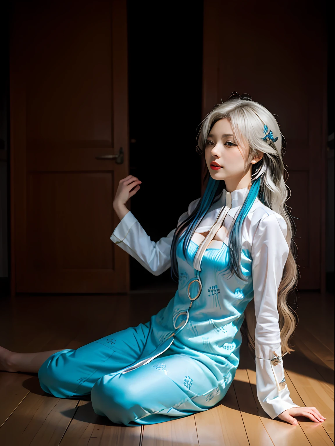 （Enrich the picture，Masterpiece level quality）Beautiful 8K CG artwork，Goddess-like posture，Kneeling exercise，Slim and soft，Translucent skin，White hair、The beauty of extra-long hair, Super Long Straight Hair，The skin is fair and juicy，Underwear uniforms，Perspective Part 1.2x enhanced silhouette effect，Exquisite transparent blues pattern in pajamas，The details are intricate and exquisite，The background is slightly blurred，Charming and lustful leg seduction，Drool，Extra-large big breasts，Blush，Japan goddess，Perfect body slim curves，Chiffon dress，