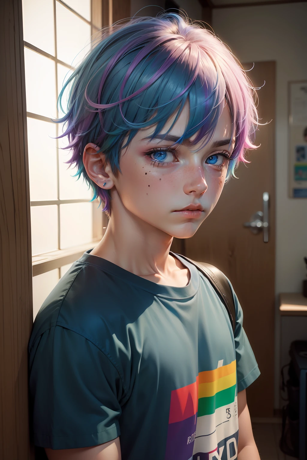 Rainbow hair, Moles under eyes, Blue eyes thought, contemplative, High detail, modern, reflective light, Fuji colors, Fuji Film, Sony FE, Sony FE GM, hyper HD,schoolboy,Wear a rainbow t-shirt,looking toward the viewer,Put your hands in your pockets