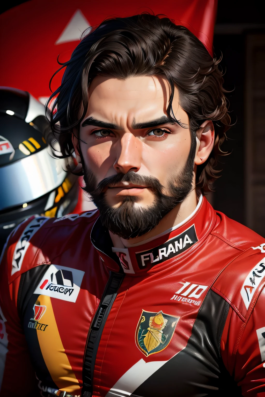 make the face of a man with latin characteristics, short wavy black hair and eyes, beard untrimmed and thin, serious look, wearing a red formula 1 suit. thirty years old, holds the helmet with the colors of the Colombian flag
