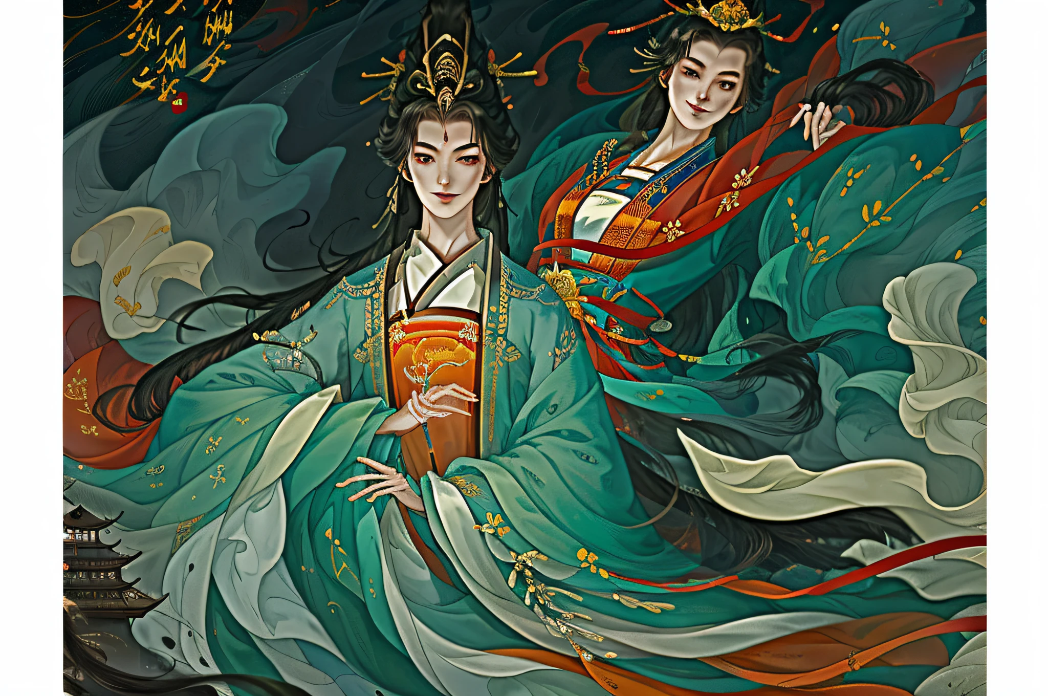 ancient wind, gauges, multipel Girls, long whitr hair, 2girls, brunette color hair, Sat down, hair adornments, Chinese clothes, longer sleeves, shift dresses, Hanfu, ssmile, hair-bun, Lantern hand refinement