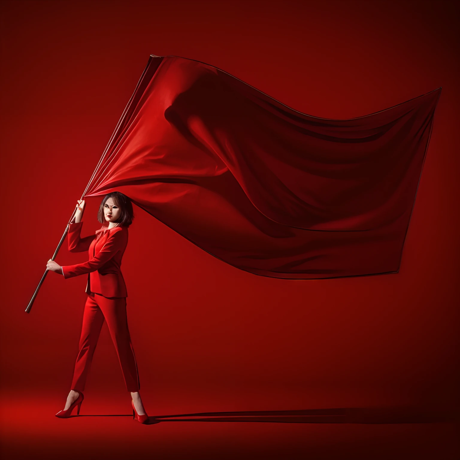 woman with red flag, 1 woman,wearing red pants suit,wearing red pumps, shoulder-length hairstyle, looking at viewer, full body, simple loyal red background,best quality, masterpiece, ultra high res,(photo realistic:1.4), Cinematic, very beautiful, accent lighting, 8k,