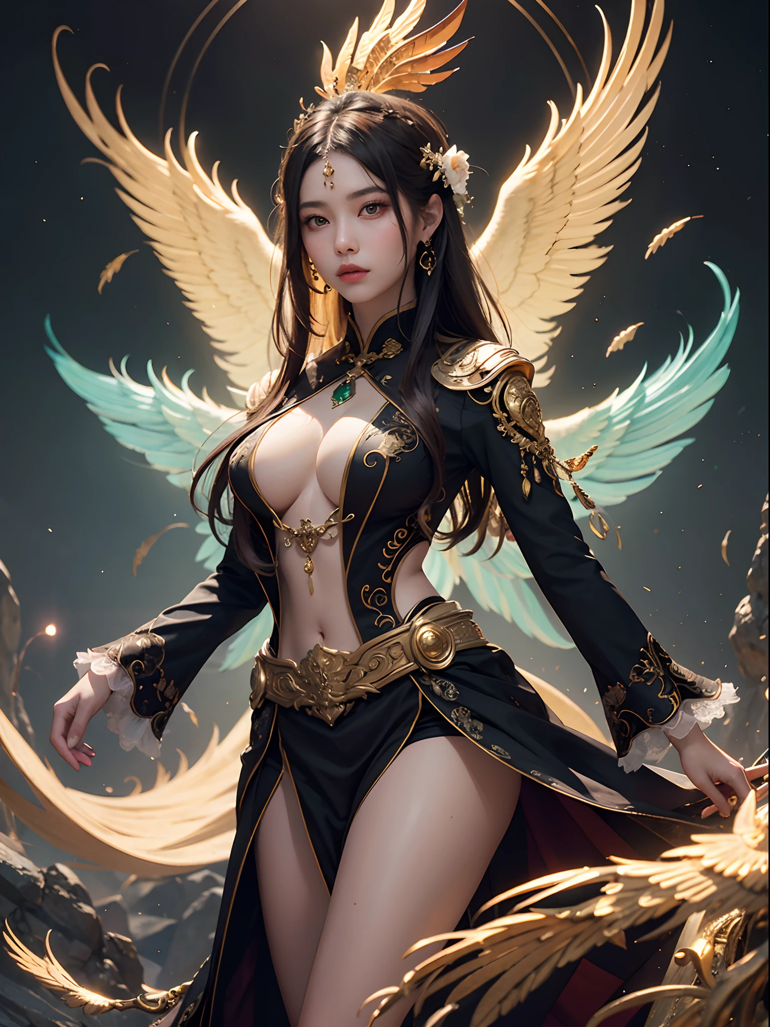 Unbeatable masterpiece, Ultra photo realsisim, Perfect artwork, Intricate details, Best quality, Strong light,full body shot of , 1girll , Become a Chinese phoenix , Metamorphosis , The moment of transformation towards perfection ,Emeralds and gold , Super detail , Bokeh photography , (soft focus):1.2 , Out-of-focus highlights ,Fantastical Atmosphere , The fascinating depth of the glowing circle