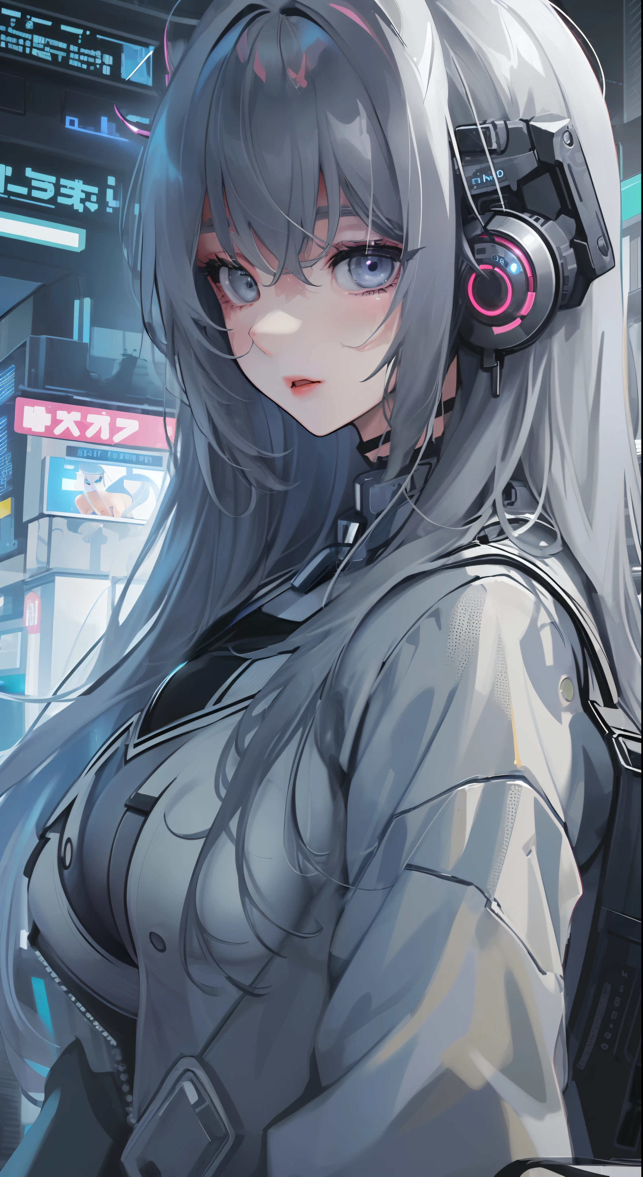 Girl in Cyber City、(huge tit、Long gray hair、Cool face)