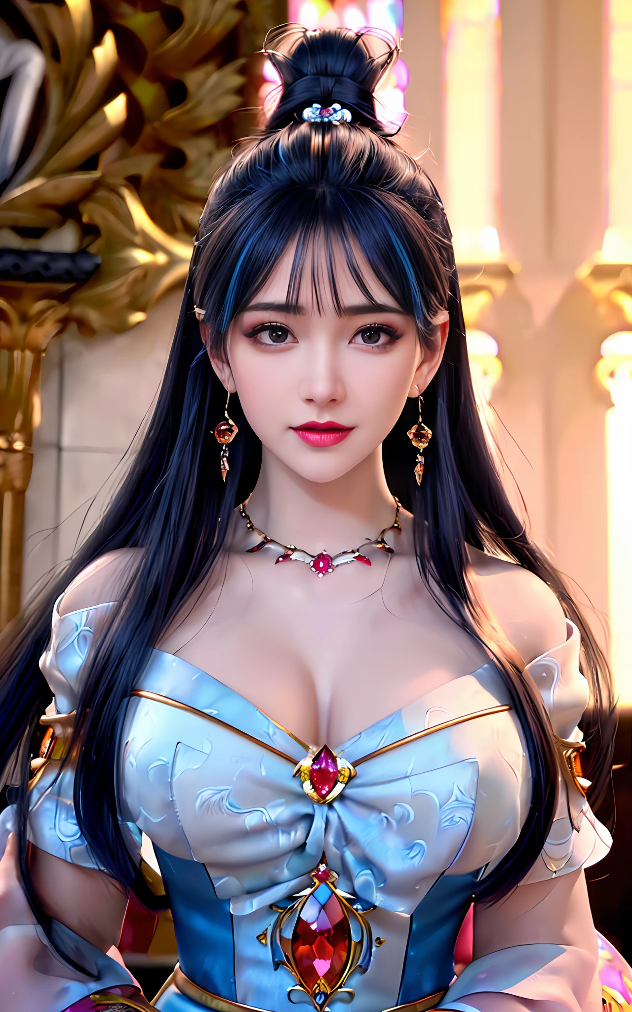 ((realisticity: 1.2)), ((realistic: 8K UHD)), ((best resolution: 8K UHD)), hyper detailed, best quality,masterpiece,highres,cg, ((1 girl hyper detailed and hyper realistic) ) , ((beautiful queen, hyper realistic and hyper detailed)),((white skin, beautiful, smooth, youthful, hyper realistic and hyper detailed )), ((Face hyper beautiful, white, hyper realistic and hyper detailed ) ), long hair, ((hyper realistic and hyper detailed dress)), solo, ((hyper realistic, hyper beautiful, beautiful and hyper detailed jewelry)), ((hyper beautiful deep red and golden yellow dress, hyper realistic and hyper detailed )) , ((Her pretty, hyper realistic, hyper detailed diamond filled earrings)), ((Her gorgeous diamond haircut, hyper realistic and hyper detailed)), ((hyper pretty upper body, hyper beautiful, hyper realistic and hyper detailed) ), ((medium breast: 1.5)), ((hyper realistic, hyper pretty, hyper detailed boobs)), ((the backgroun of the royal palace is hyper majestic, hyper realistic and hyper detailed)),((hands and palms hyper beautiful, hyper detailed, hyper realistic)), ((hyper detailed and hyper realistic fingers and fingernails)), ((hyper pretty, hyper pretty, hyper realistic and hyper detailed hair bun)), ((hyper pretty , hyper realistic and hyper detailed blue hair)), candid, Photo, high resolution, 8k , bokeh,