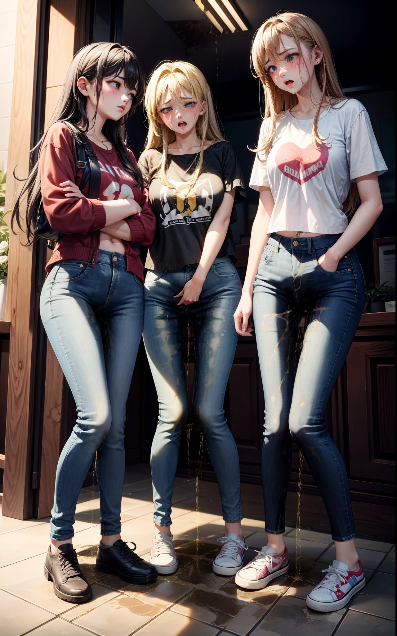 masterpiece, best quality, high resolution, (3girls), 20 years old, (blue jeans pants), full body, blush, worried, park, ((((((pee stain))))))