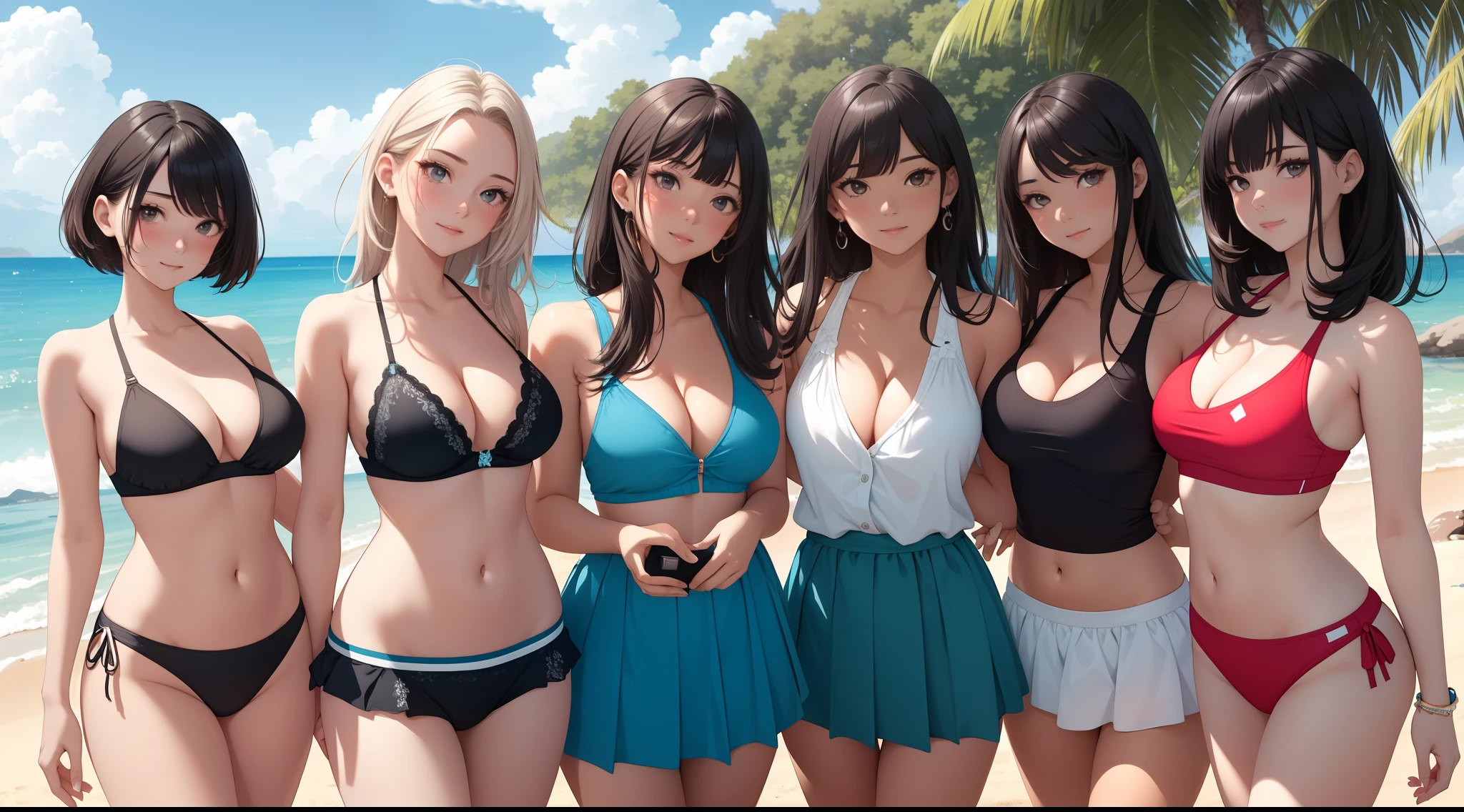(Best quality:1.1), (Masterpiece:1.2), 5 girls,swim wears,are standing,Highqualityshadow, Beautiful detailed, Beautiful face, Detailed eyes,Depth of field, A high resolution, Best shadow, Best illumination, Kizi, view the viewer, (Five-color hair:1.3),Brush cut,extra very short hair, Blunt bangs, Long hair, Black eyes, Shy, Large breasts, Miniskirt, swim wears, Pump, sea beach,Greenery,clouds, Sunburn,Boo marker,cleavage,looks into camera,ssmile,closeup cleavage,Superskirt