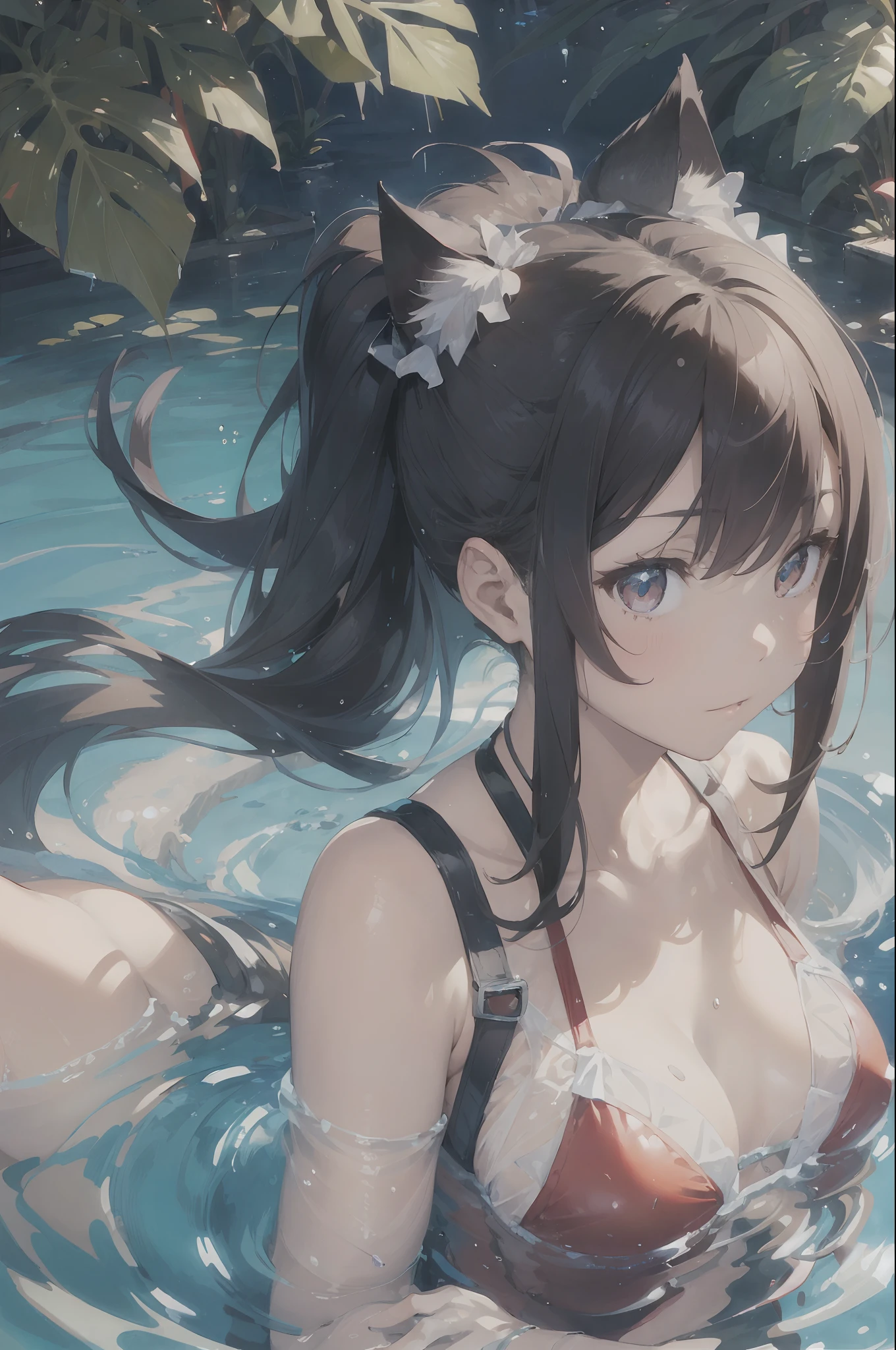 Beautiful fece, masterpiece, top-quality, hiqcgbody, animesque, 1girl in, Medium chest, The bikini, (Transparent transparent red swimsuit), portrait shot, Look at viewers, Partially submerged, Outdoor pool, (silber hair),(Feline ears),poneyTail,wetted skin, intricate detailes,>,((coverd)