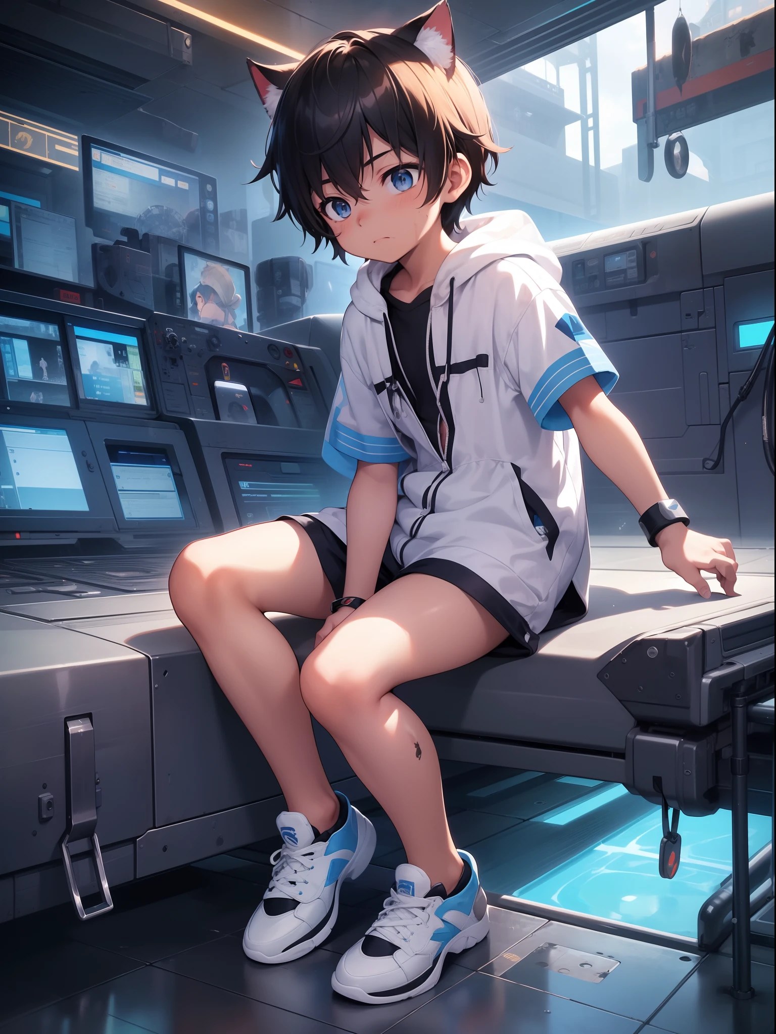 Game CG，8K quality，((younge boy))，Sense of childhood，Anime male protagonist，Silver Willow Sea，Cat ears，Painful face，Wounds on the face，bleed，Look down，Silvery-white dye，Blue dye，Hooded pilot suit，Wristbands，Flying Shoes，Pilots，sat on the ground，Spread your legs，Defeat
