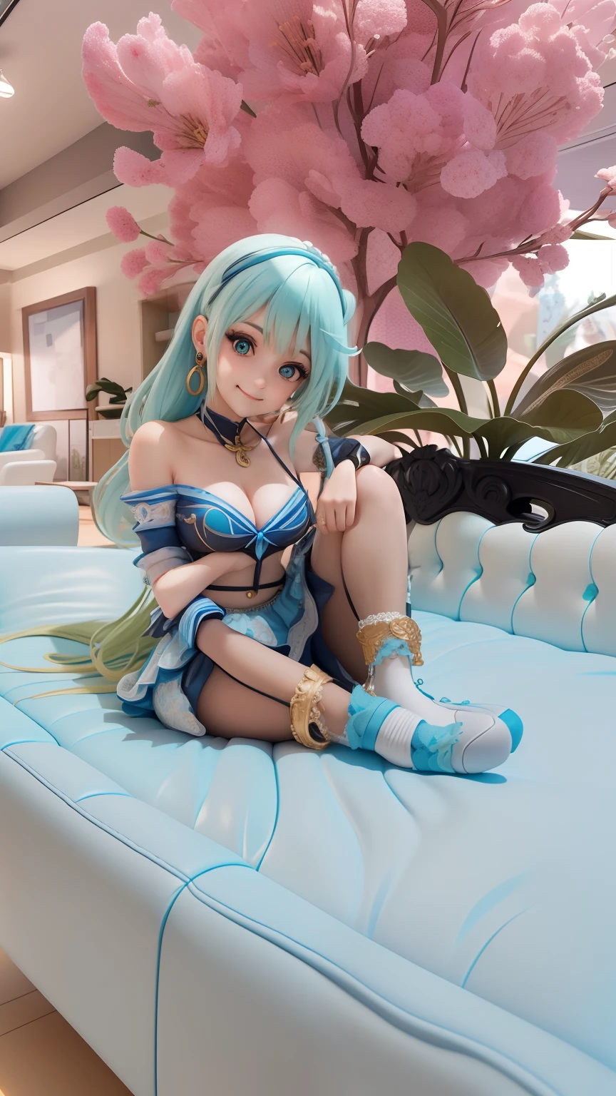 (Masterpiece),(Best quality),(Ultra-detailed), (full bodyesbian: 1.2), 1girll(Aqua_konosuba), tchibi,Cute, Smile, light blue long hair, Blue eyes, earring, Blue shirt, Blue skirt, Lace socks, (Sit on a red sofa), Seductive posture, Smile, In front of the sofa is an elegant black coffee table，There are some decorations on the shelves,  (Beautiful and detailed face), (Beautiful detailed eyes),