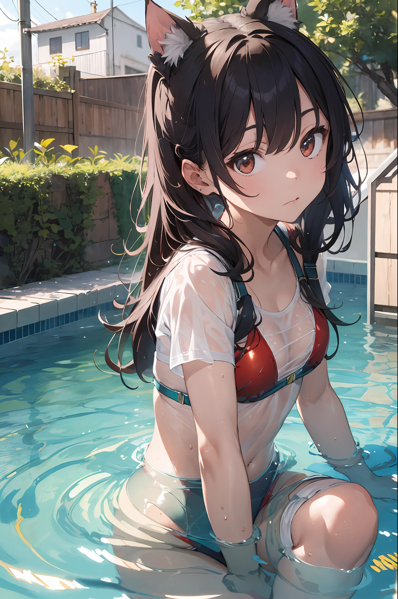 Beautiful fece, masterpiece, top-quality, hiqcgbody, animesque, 1girl in, Medium chest, The bikini, (Transparent transparent red swimsuit), portrait shot, Look at viewers, Partially submerged, Outdoor pool, (silber hair),(Feline ears),poneyTail,wetted skin, intricate detailes,>,((coverd)