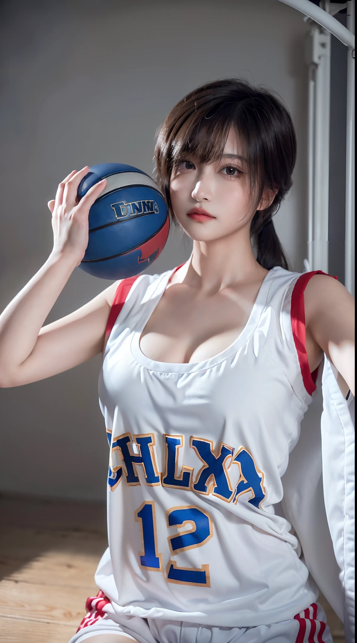 (8k, RAW photo, best quality, masterpiece:1.2), (realistic, photo-realistic:1.4), illustration, highres,hexagon,(1girl), gorgeous, rough skin, (oval face:1.1), professional lighting, photon mapping, radiosity, physically-based rendering, cute,
wear basketball uniform, large breast, ((cleavage)), at  basketball court, pureerosface_v1:0.3