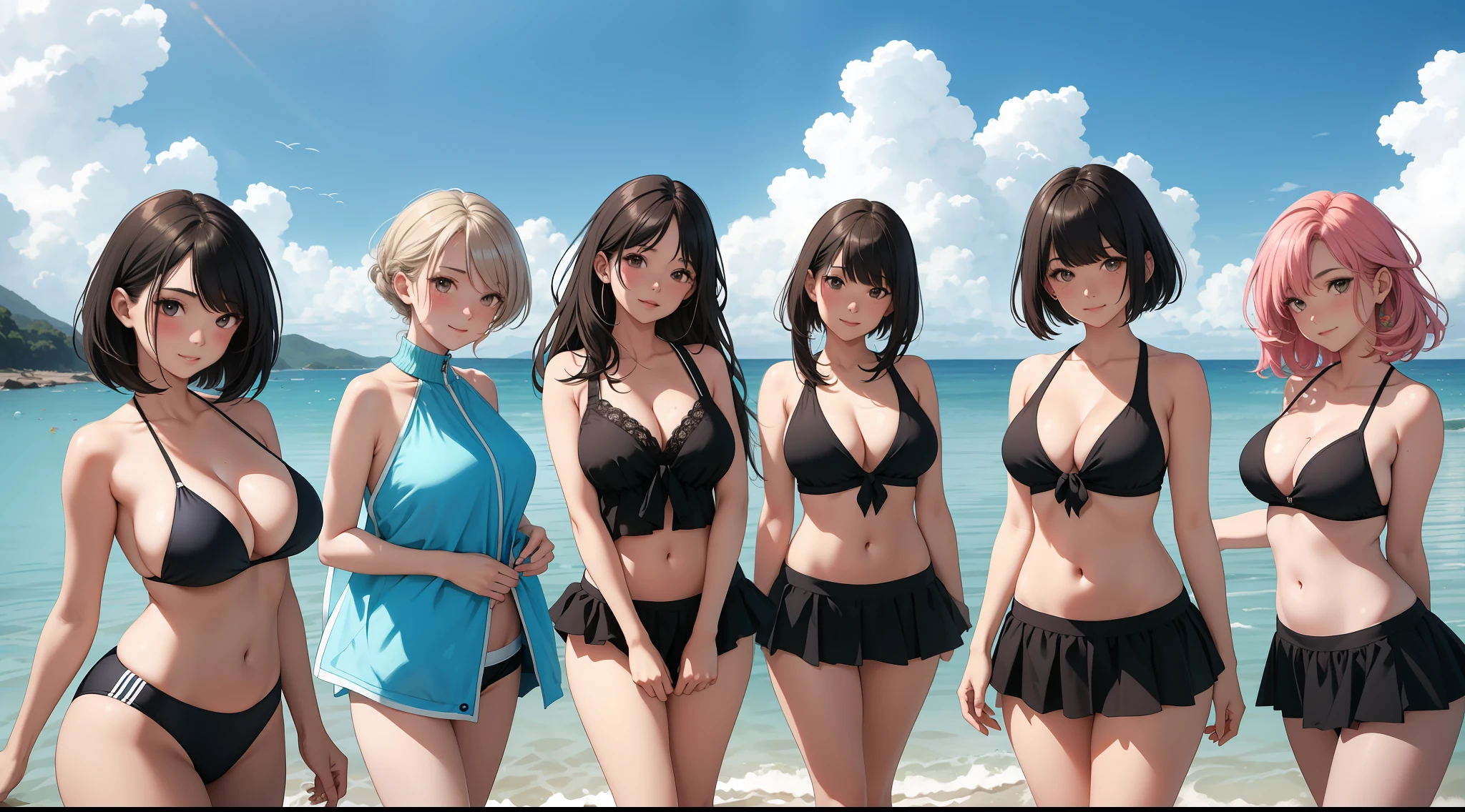 (Best quality:1.1), (Masterpiece:1.2), 5 girls,swim wears,are standing,Highqualityshadow, Beautiful detailed, Beautiful face, Detailed eyes,Depth of field, A high resolution, Best shadow, Best illumination, Kizi, view the viewer, (Five-color hair:1.3),Brush cut,extra very short hair, Blunt bangs, Long hair, Black eyes, Shy, Large breasts, Miniskirt, swim wears, Pump, sea beach,Greenery,clouds, Sunburn,Boo marker,cleavage,looks into camera,ssmile,closeup cleavage,Superskirt