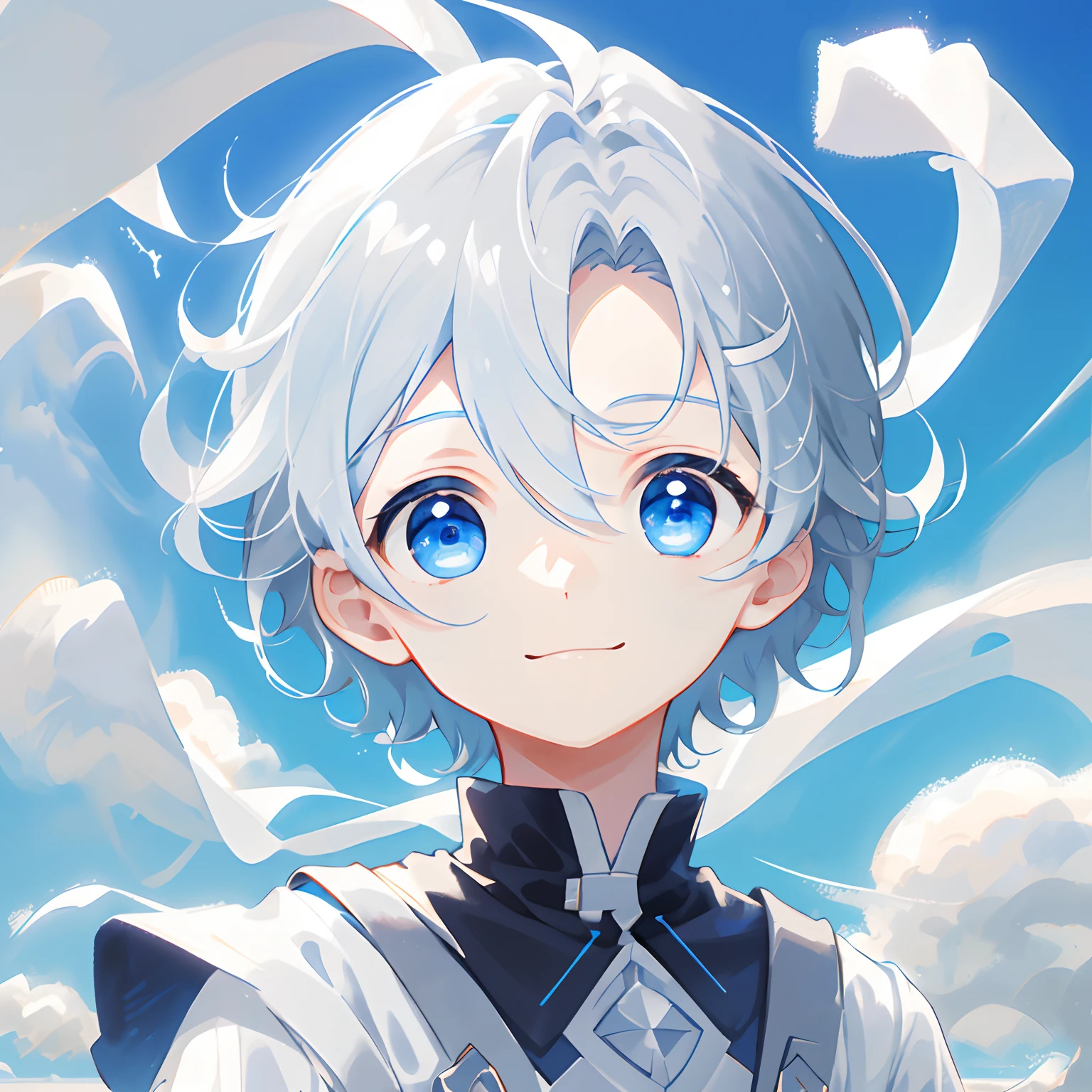 1boys，Solo, sportrait，whaite hair, short detailed hair, eBlue eyes, Hair between both eyes, Blue sky，The cloudy，ssmile，white backgrounid，clean backdrop