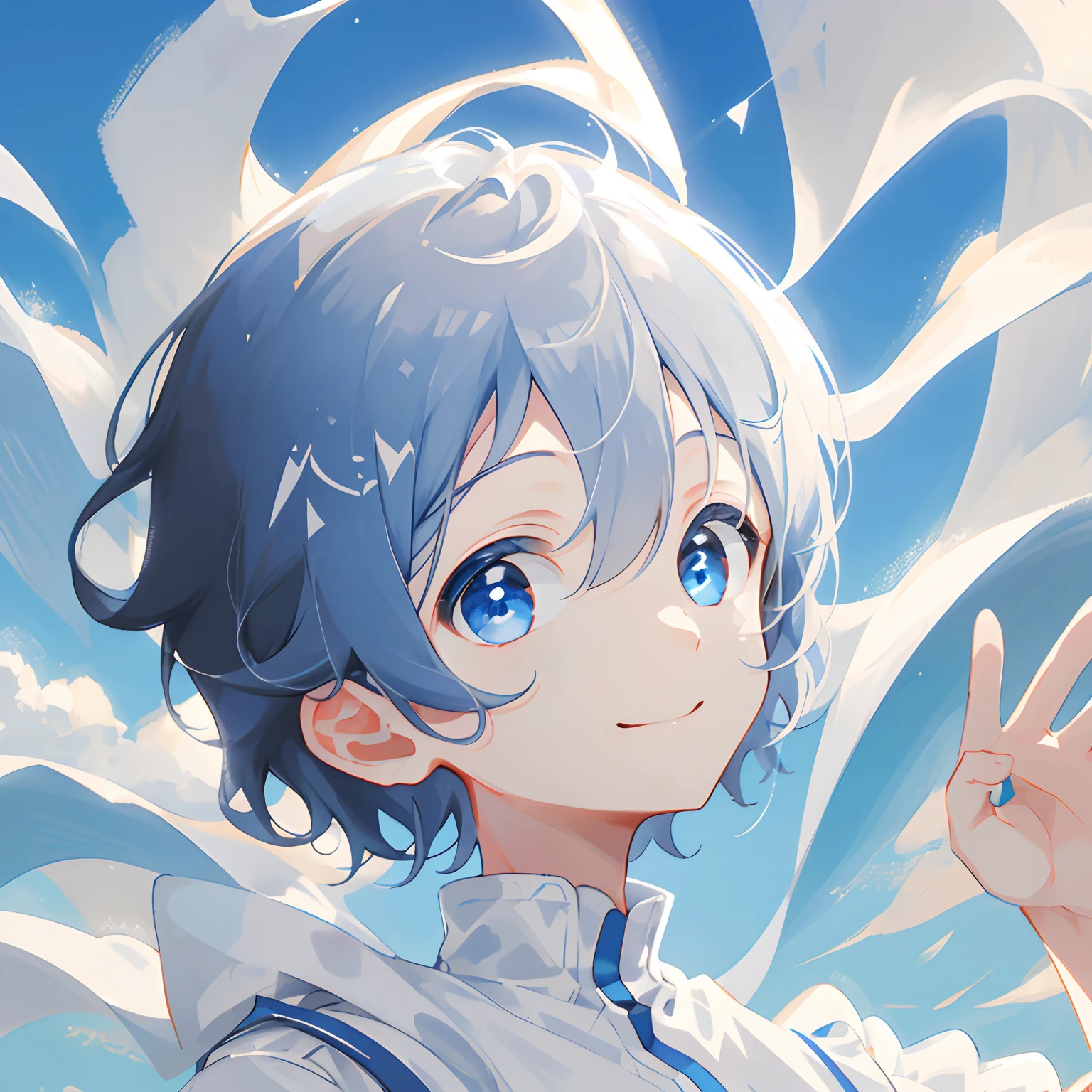 1boys，Solo, sportrait，whaite hair, short detailed hair, eBlue eyes, Hair between both eyes, Blue sky，The cloudy，ssmile，white backgrounid，clean backdrop