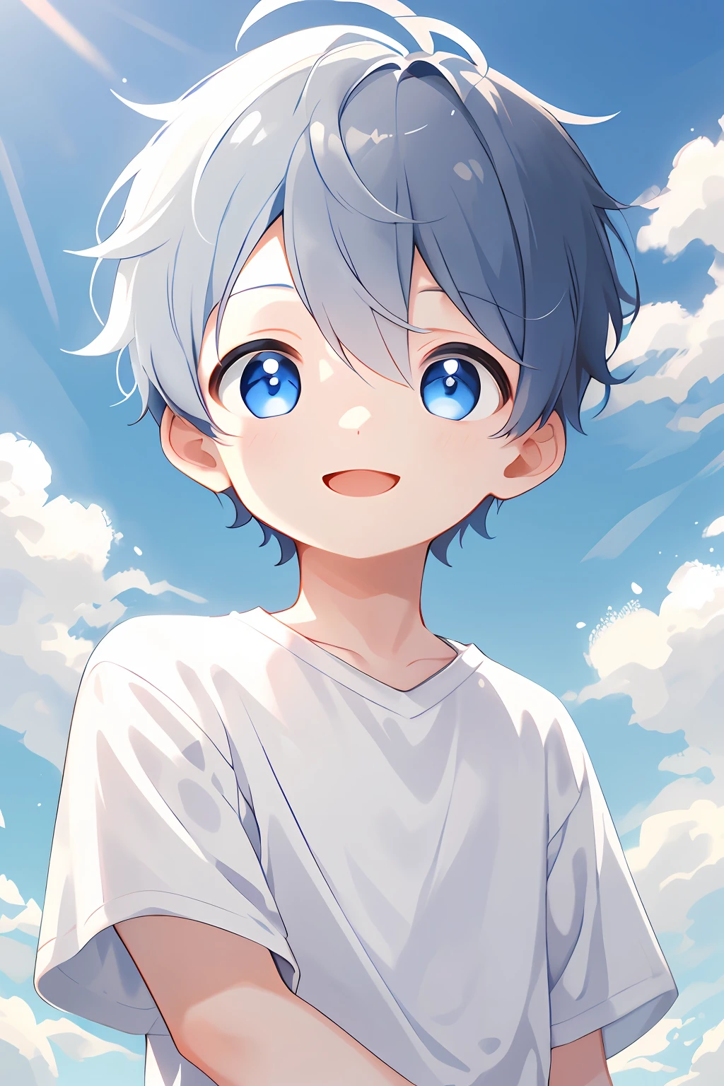 1boys，Solo, sportrait，whaite hair, short detailed hair, eBlue eyes, Hair between both eyes, Blue sky，The cloudy，ssmile，white backgrounid，clean backdrop