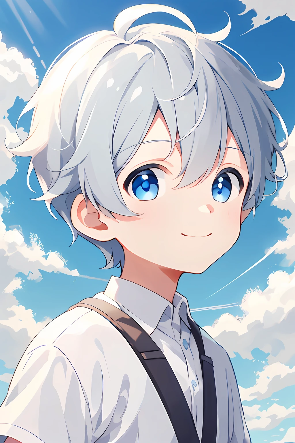 1boys，Solo, sportrait，whaite hair, short detailed hair, eBlue eyes, Hair between both eyes, Blue sky，The cloudy，ssmile，white backgrounid，clean backdrop