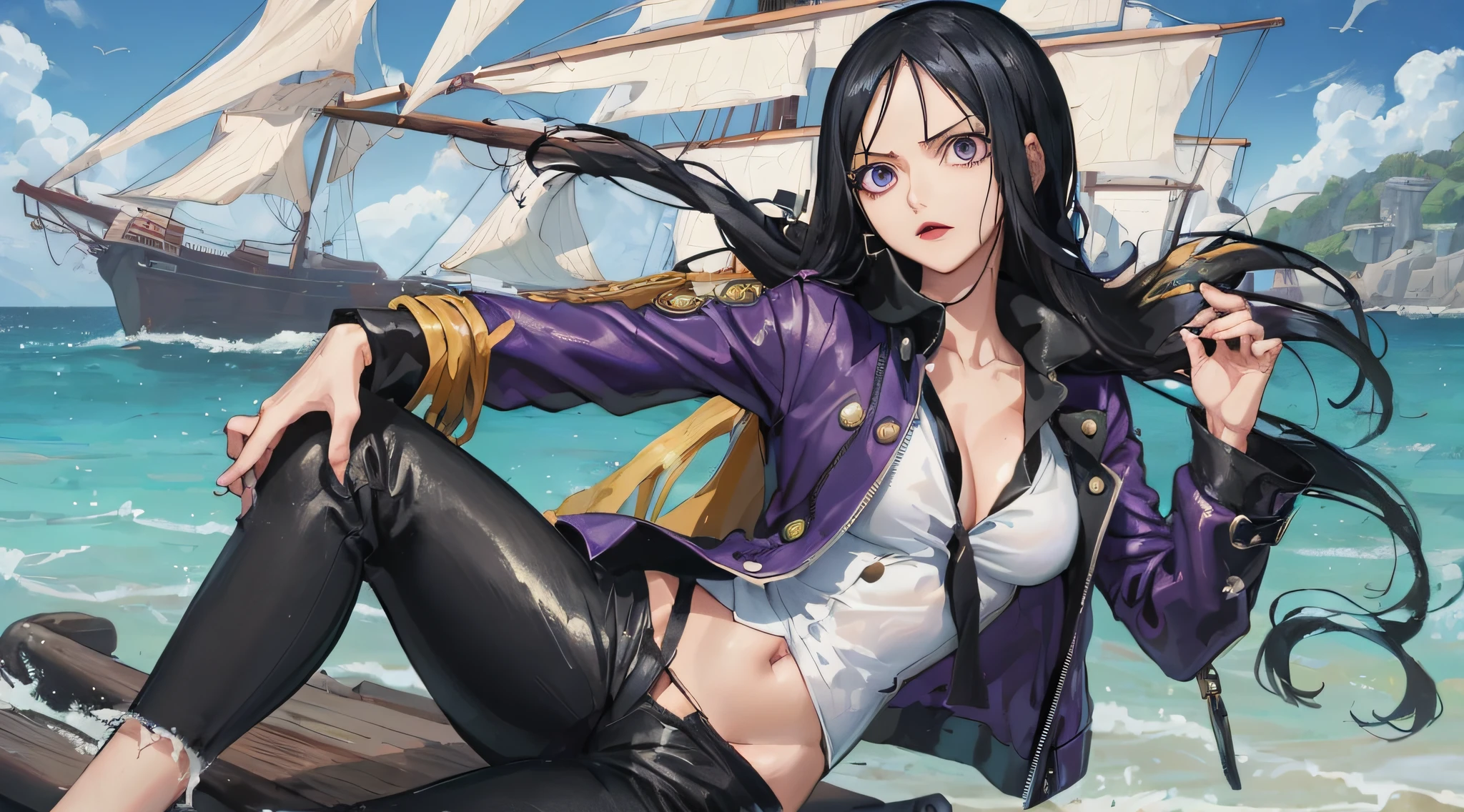 One Piece's Nico Robin with dark purple jacket, white shirt, black leather pants, in a wood ship, sun and sea on the background