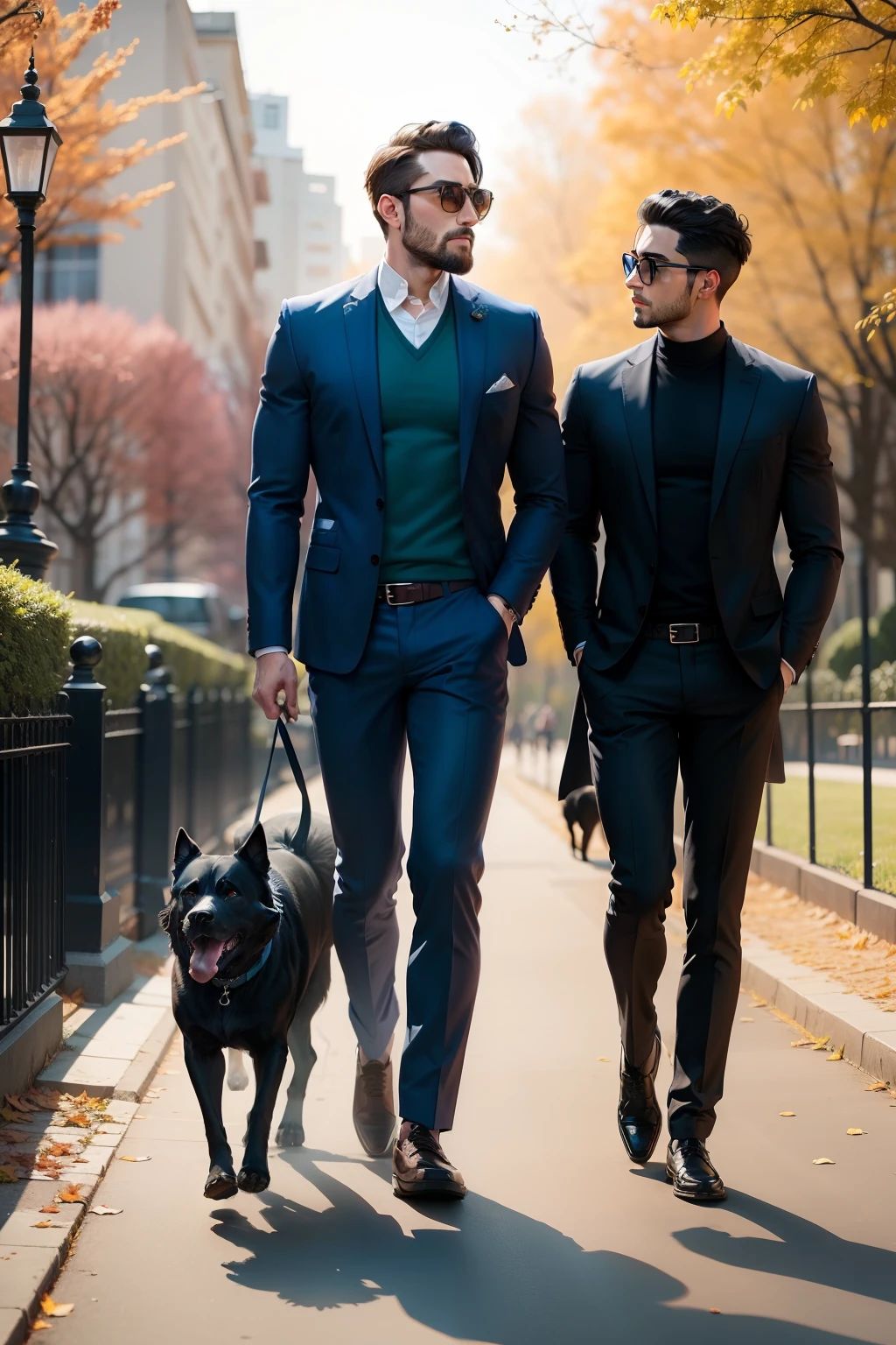 Make a man with a blue ropa and a black dog walking in a park