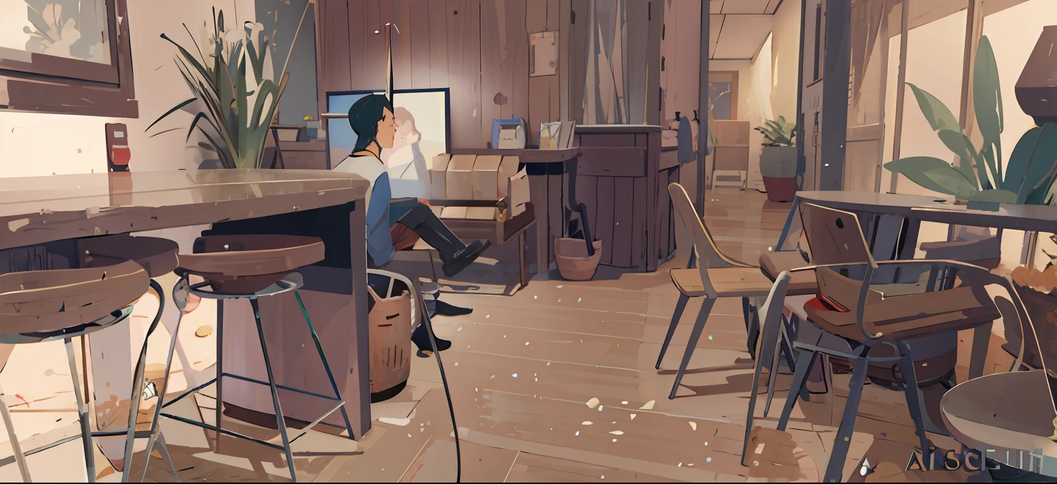 A girl，There are many chairs and tables in the room with bar, rendering by octane. By Makoto Shinkai, akihiko yoshida. illusory engine, detailed cinematic rendering, animation style render, photorealistic cinematic render, 3 d stylize scene, interior background art, scene render, Relaxing concept art, Makoto Shinkai. rendering by octane, studio glibly makoto shinkai