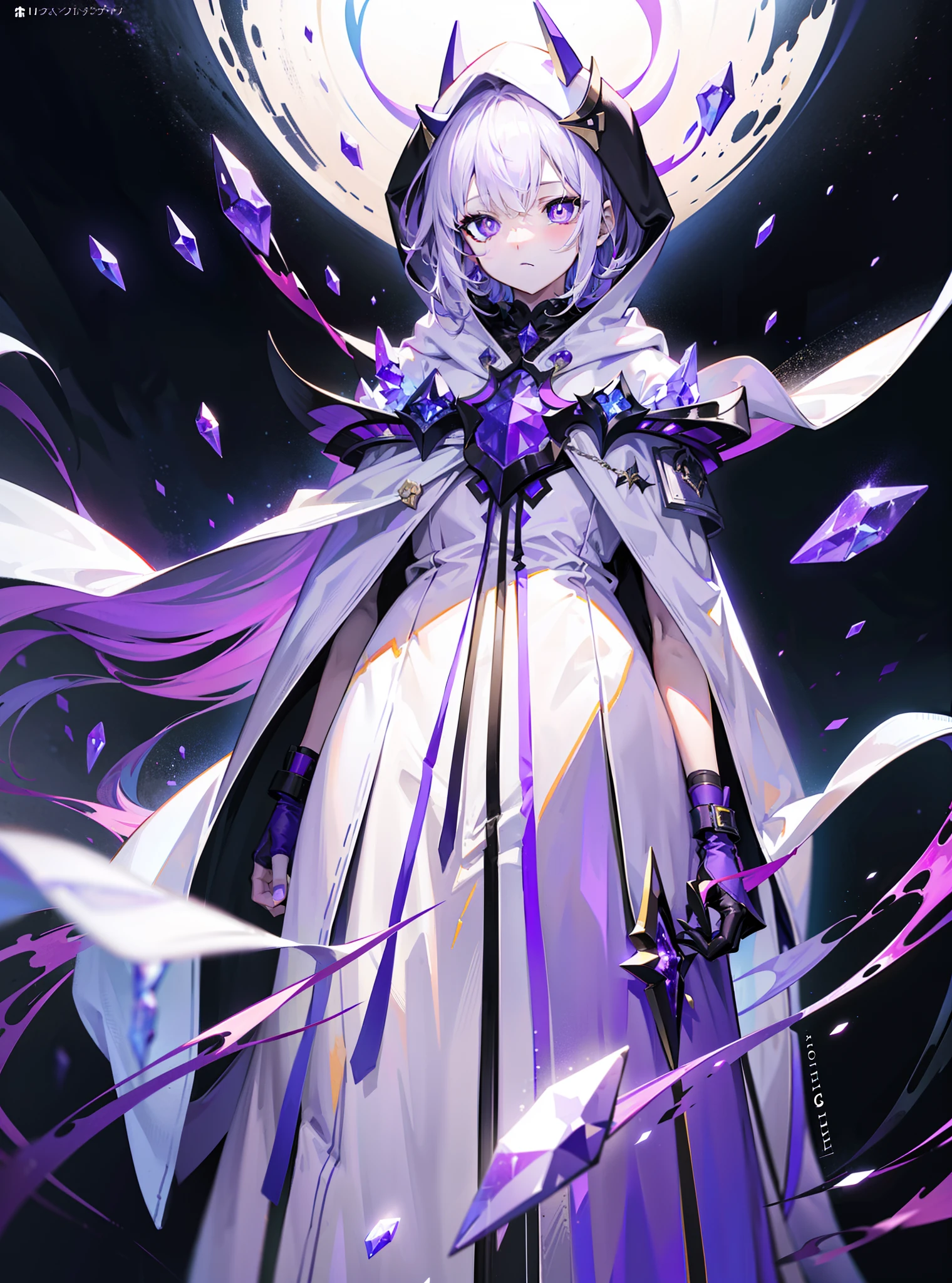 tmasterpiece,best qualtiy,style of anime,a sense of atmosphere,higher details,cg render,Standing painting,Ray traching,sci-fy)(White color hair,Purple pupils,White hooded cape,Cover the whole body,Non-juvenile)(The background is a huge purple space)(There are purple crystals around)