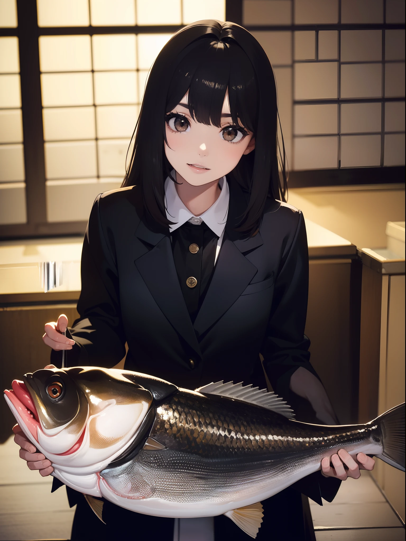 ((((Catch a big black bass by the riverside)))),((Best Quality, masutepiece :1.3)),((( Large Mouth Bass))),hight resolution,ultra-detailliert,Official art,Beauty and aesthetics,masterpiece,best qualtiy,ighly detailed,(1 Japanese woman),Black hair, long eyeslashes, Solid Circle Eyes, ssmile, drop shadow, Atmospheric perspective,Super Detail, ccurate, Best Quality, small brest,(Black jacket:1.1),top-quality, Hi-Res, absurderes:1.2, blurry backround, bokeh dof:1.2, a picture, (Raw photography:1.2), (Photorealsitic:1.4), (masterpiece:1.3), (intricate detailes:1.2), Atmospheric perspective,Super Detail, ccurate, Best Quality,