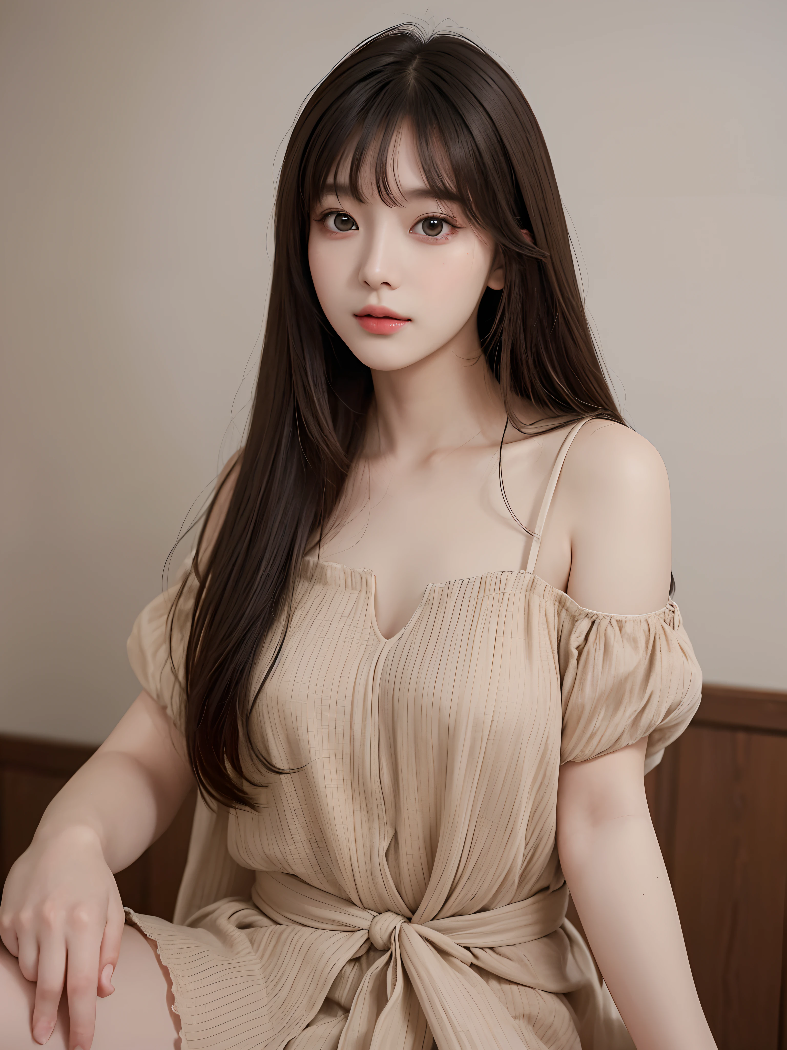 tmasterpiece， Best Picture Quality， high high quality， Beutiful women， korean people， Popular Korean makeup， A detailed， Swollen eyes， Detailed eyes， Detailed skins， Beautiful skins， 超A high resolution， （Realistis： 1.4）， is very beautiful， Slightly younger face， Beautiful skins， slim， （Ultra photo realsisim）， （illustratio）， （A high resolution）， （8K）， （The is very detailed） （Most Best Illustration）， （Beautiful detailed eyes）， （ultra-detailliert）， （the wallpaper）， （A detailed的脸）， looking at viewert， finely detailled， A detailed的脸，pureerosfaceace_v1，ssmile，Always look straight ahead，Angle above the waist，photograph of-realistic，Bright lights，Professional lighting，brunette color hair（Some hair is the primary color flaxen），Long hair black），long whitr hair，Dark ruins，Gorgeous miniskirt（Ruffles），Mature woman，Long, stylish bangs，