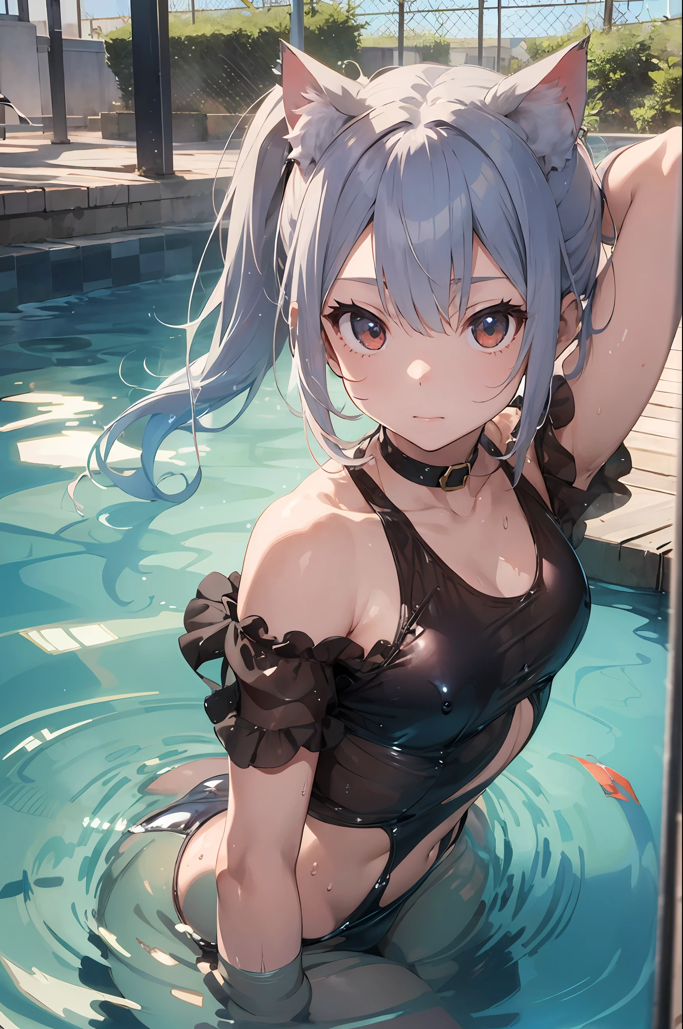 Beautiful fece, ​masterpiece, top-quality, hiqcgbody, animesque, 1girl in, Medium chest, The bikini, (Transparent transparent red swimsuit), portrait shot, Look at viewers, Partially submerged, Outdoor pool, (silber hair),(Feline ears),poneyTail,wetted skin, intricate detailes,>,((coverd)