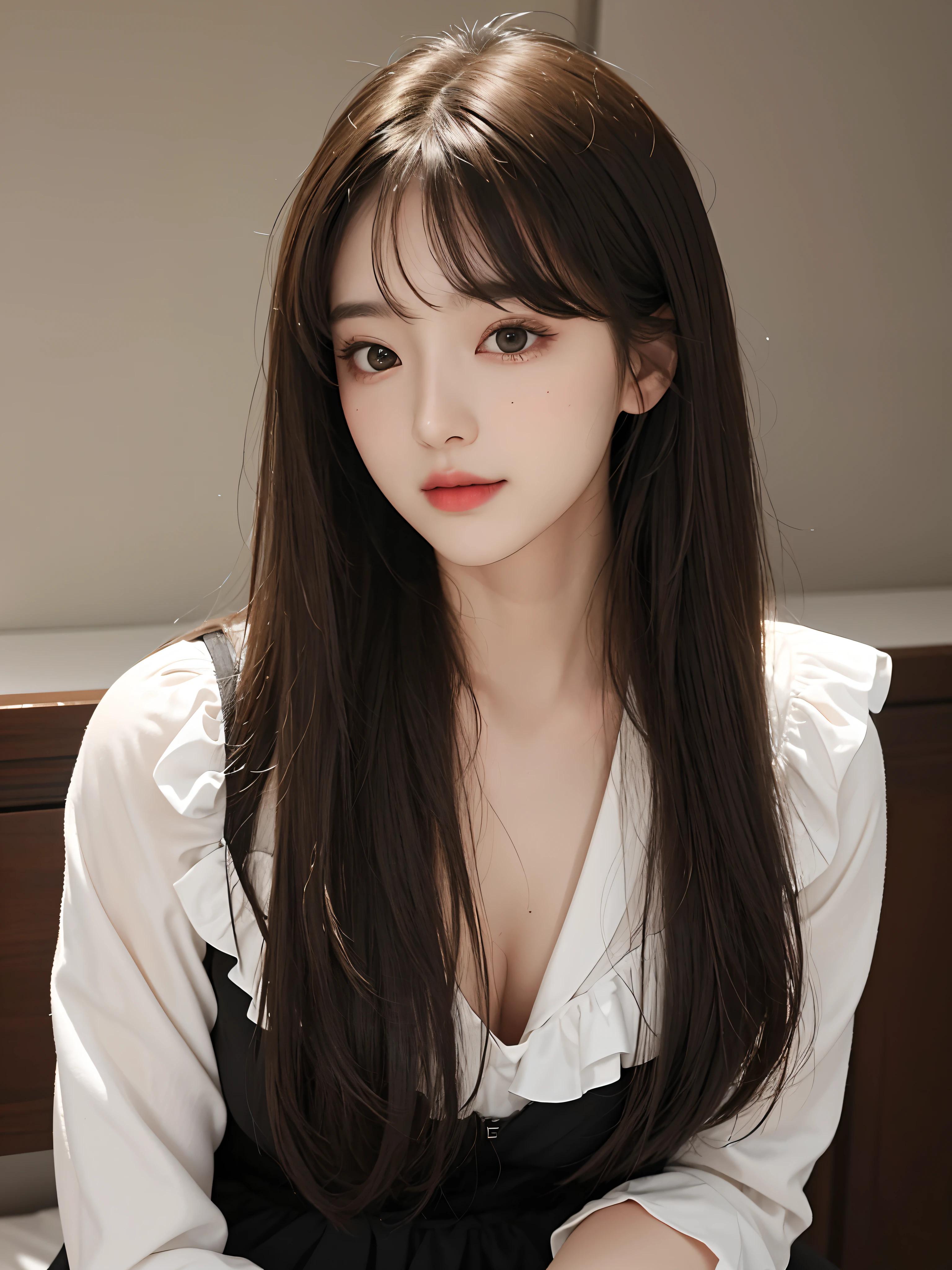 tmasterpiece, Best Picture Quality, high high quality, Beutiful women, korean people, Popular Korean makeup, A detailed, Swollen eyes, Detailed eyes, Detailed skins, Beautiful skins, 超A high resolution, (Realistis: 1.4), is very beautiful, Slightly younger face, Beautiful skins, slim, (Ultra photo realsisim), (illustratio), (A high resolution), (8K), (The is very detailed) (Most Best Illustration), (Beautiful detailed eyes), (ultra-detailliert), (the wallpaper), (A detailed的脸), looking at viewert, finely detailled, A detailed的脸,pureerosfaceace_v1,ssmile,Always look straight ahead,Angle above the waist,photograph of-realistic,Bright lights,Professional lighting,brunette color hair(Some hair is the primary color flaxen),Long hair black),long whitr hair,Dark ruins,Gorgeous miniskirt(Ruffles),Mature woman,Long, stylish bangs,
