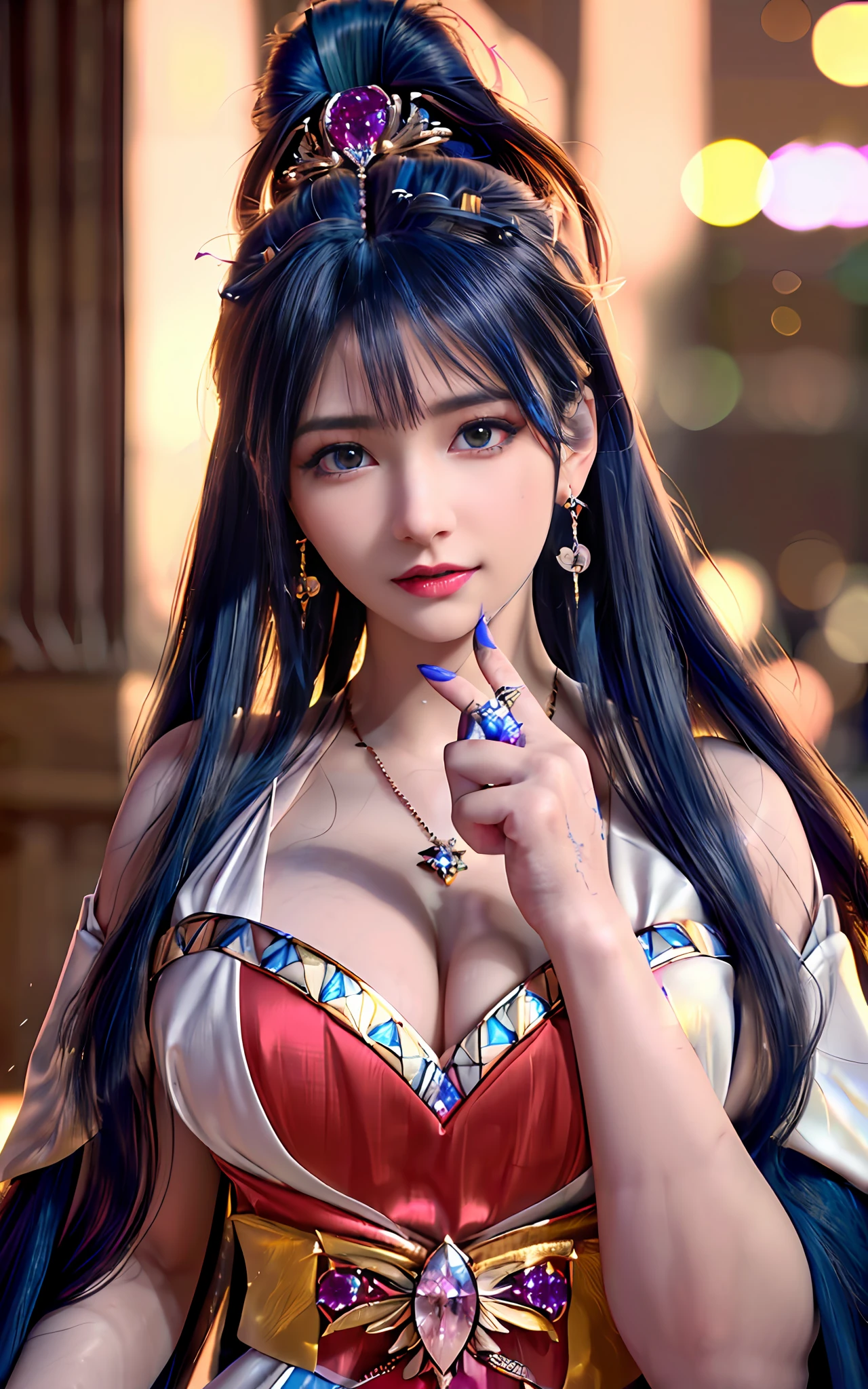 ((realisticity: 1.2)), ((realistic: 8K UHD)), ((best resolution: 8K UHD)), hyper detailed, best quality,masterpiece,highres,cg, ((1 girl hyper detailed and hyper realistic) ) , ((beautiful queen, hyper realistic and hyper detailed)),((white skin, beautiful, smooth, youthful, hyper realistic and hyper detailed )), ((Face hyper beautiful, white, hyper realistic and hyper detailed ) ), long hair, ((hyper realistic and hyper detailed dress)), solo, ((hyper realistic, hyper beautiful, beautiful and hyper detailed jewelry)), ((hyper beautiful deep red and golden yellow dress, hyper realistic and hyper detailed )) , ((Her pretty, hyper realistic, hyper detailed diamond filled earrings)), ((Her gorgeous diamond haircut, hyper realistic and hyper detailed)), ((hyper pretty upper body, hyper beautiful, hyper realistic and hyper detailed) ), ((medium breast: 1.5)), ((hyper realistic, hyper pretty, hyper detailed boobs)), ((the backgroun of the royal palace is hyper majestic, hyper realistic and hyper detailed)),((hands and palms hyper beautiful, hyper detailed, hyper realistic)), ((hyper detailed and hyper realistic fingers and fingernails)), ((hyper pretty, hyper pretty, hyper realistic and hyper detailed hair bun)), ((hyper pretty , hyper realistic and hyper detailed blue hair)), candid, Photo, high resolution, 8k , bokeh,