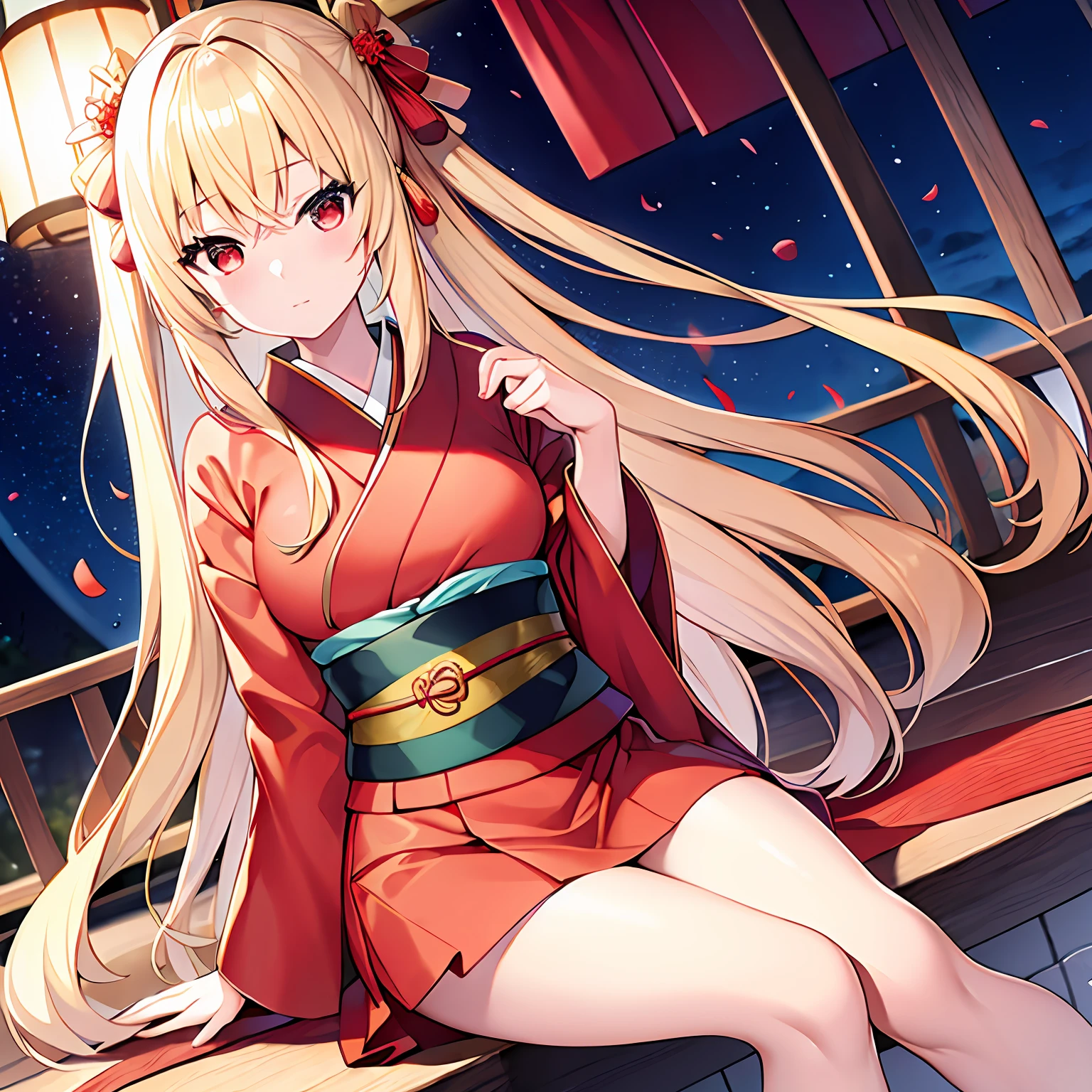 a blond、red eyes、Beautiful girl alone、独奏、animesque、Bright red kimono、a miniskirt、sitting on