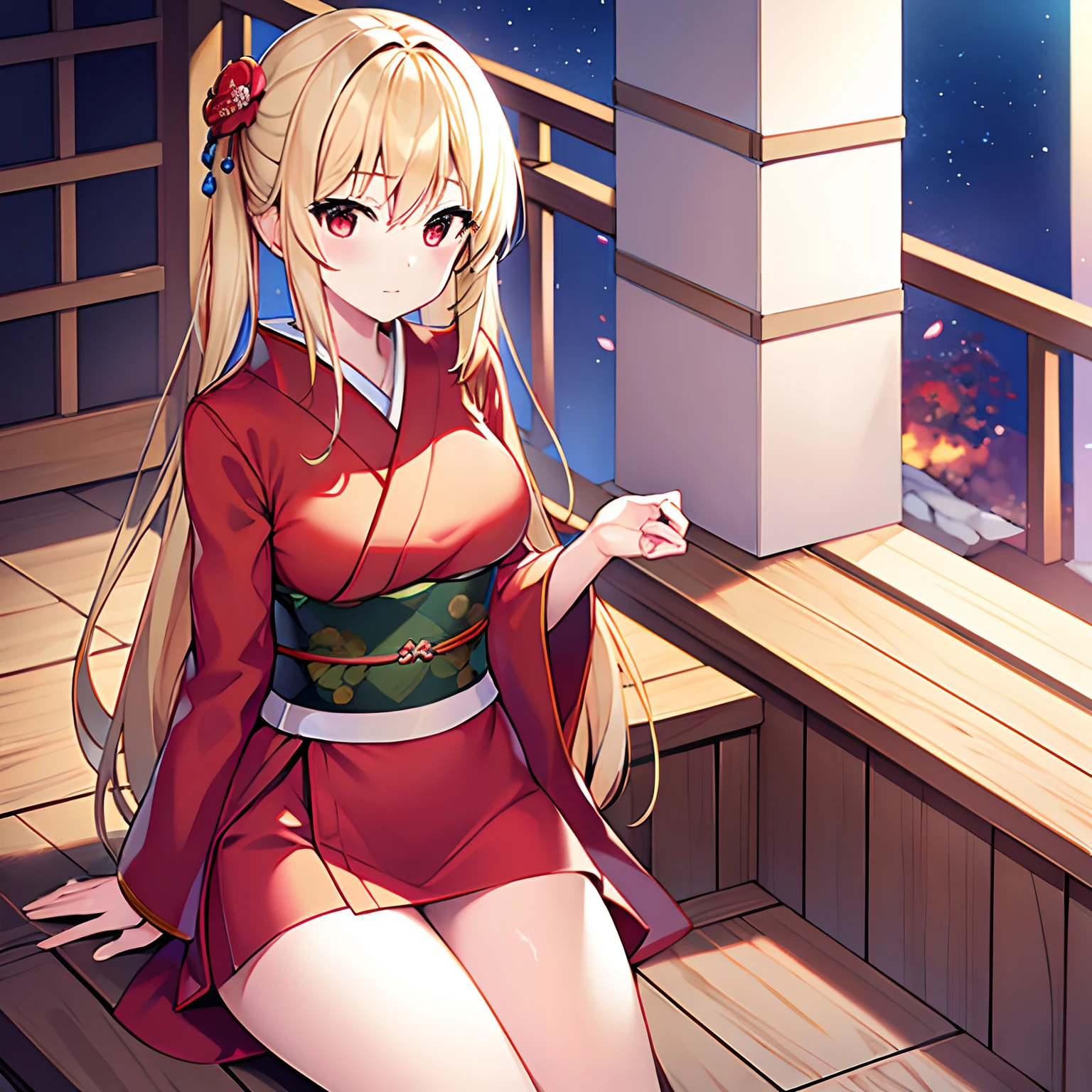 a blond、red eyes、Beautiful girl alone、独奏、animesque、Bright red kimono、a miniskirt、sitting on