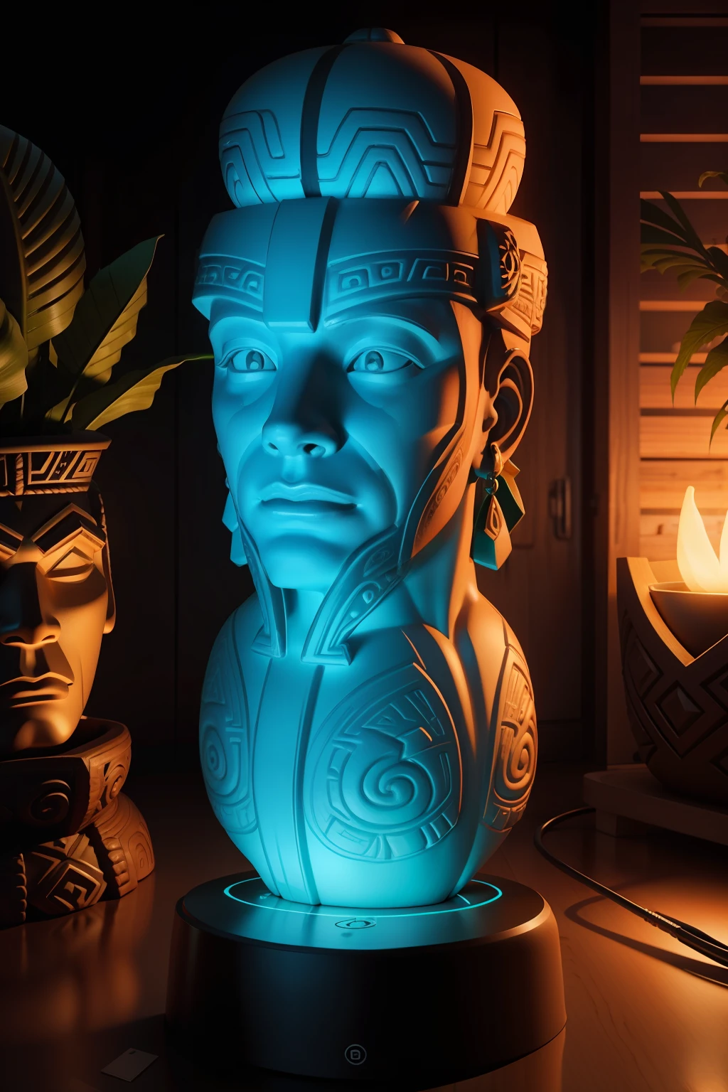 neon glowing maori tiki statue 3d realistic 16k