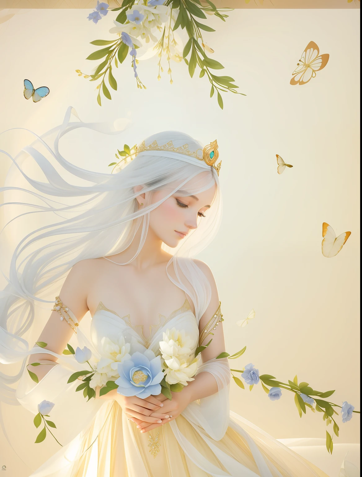 In the void, Beautiful virgins leisurely standing on green leaves dancing,The body is entangled with flowers and green leaves,A lotus flower squeezed in his hand,The head is tilted slightly to the right,white streamer,Delicate and radiant skin,Barefoot,(Long curved eyebrows),Beautiful eyes sparkle,The large, Jewel-like eyes sparkle,Clear pupils have reflected light,二重まぶた,Lying silkworm,looks into camera,((Plump and rosy lips)) Clearly visible,((Flushed cheeks)),The mandible is plump,Green skin is delicate and smooth,Delicate skin translucent,The streamers on the body are wrapped around the leaves,jewel embellishment,A delicate and dexterous crown,inlaid gemstones,Delicate and skillfully set gemstones,(Yellow dress),Perfectly designed jewelry is exquisite,Beautiful eyes looking directly at the camera,(((nice hand))),((((Good feet))),(((good legs))),realisticlying,white skinned,((Correct body structure)),Golden costume,Blue sky,Head background with round light,Behind him is a colorful rainbow circle,Color glow is turned on,Front lighting,Positive light,No shadows on the face,There are no shadows on the body,Blue sky,Unreal space,ethereal world,dreamworld,with blue sky and white clouds,tmasterpiece,4K,ultra-definition,professional photoshooting,Perspective looks up,Standard lens shooting,