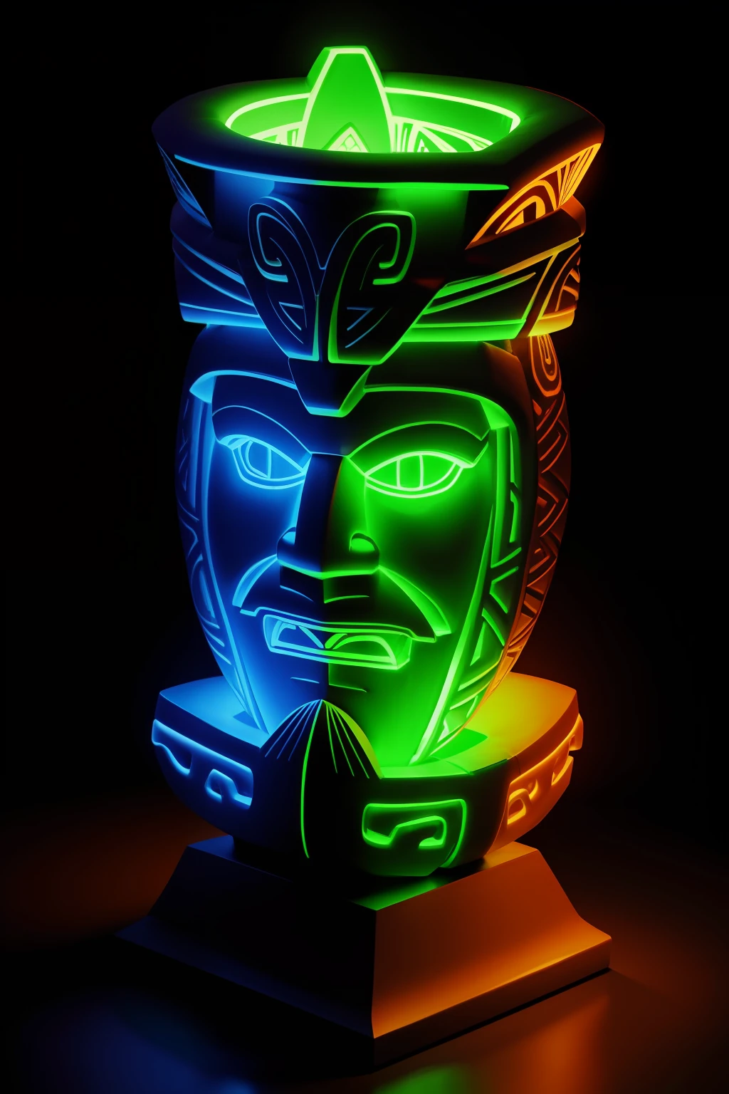 neon glowing maori tiki sculpture3d realistic 16k