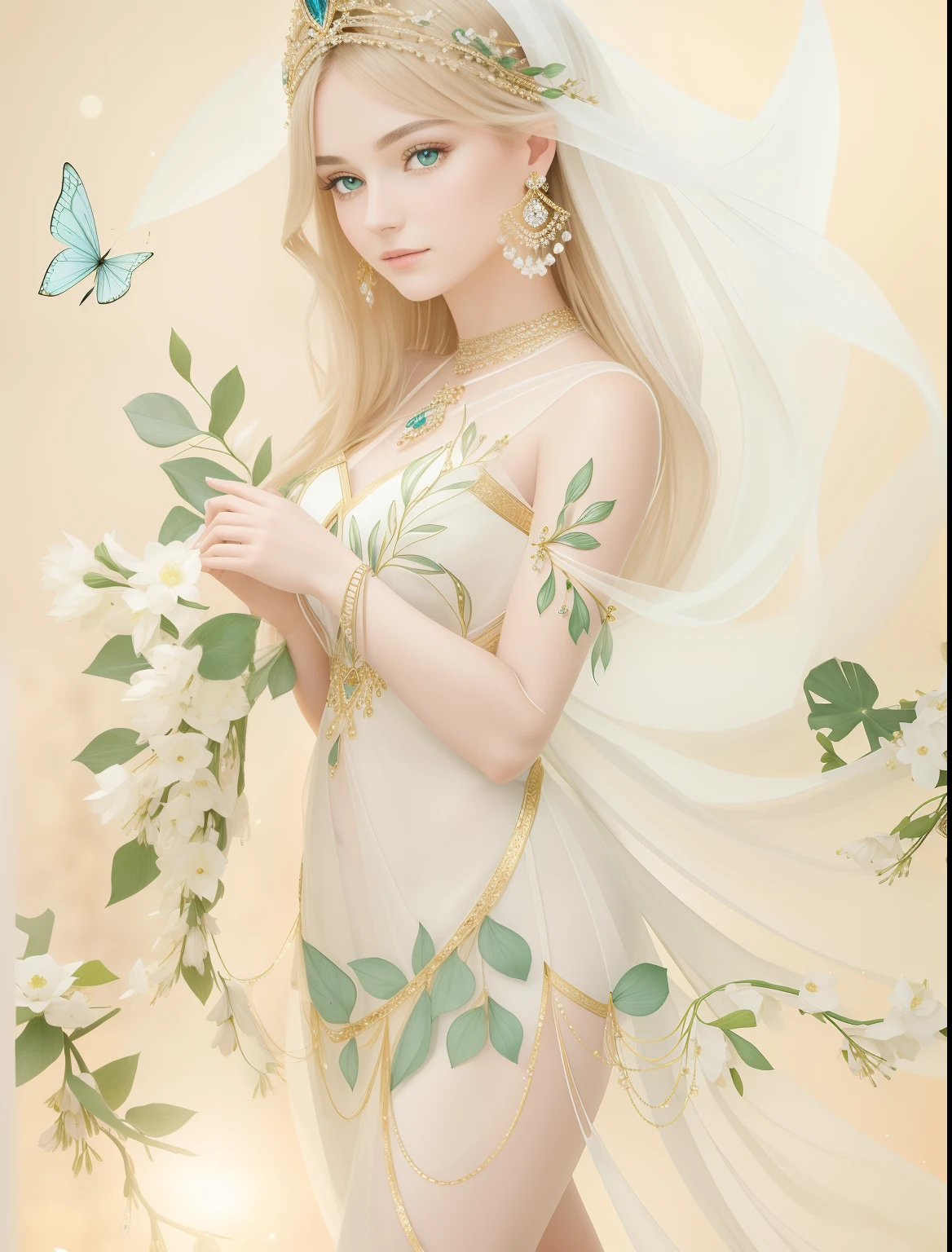 In the void, Beautiful virgins leisurely standing on green leaves dancing,The body is entangled with flowers and green leaves,A lotus flower squeezed in his hand,The head is tilted slightly to the right,white streamer,Delicate and radiant skin,Barefoot,(Long curved eyebrows),Beautiful eyes sparkle,The large, Jewel-like eyes sparkle,Clear pupils have reflected light,二重まぶた,Lying silkworm,looks into camera,((Plump and rosy lips)) Clearly visible,((Flushed cheeks)),The mandible is plump,Green skin is delicate and smooth,Delicate skin translucent,The streamers on the body are wrapped around the leaves,jewel embellishment,A delicate and dexterous crown,inlaid gemstones,Delicate and skillfully set gemstones,(Yellow dress),Perfectly designed jewelry is exquisite,Beautiful eyes looking directly at the camera,(((nice hand))),((((Good feet))),(((good legs))),realisticlying,white skinned,((Correct body structure)),Golden costume,Blue sky,Head background with round light,Behind him is a colorful rainbow circle,Color glow is turned on,Front lighting,Positive light,No shadows on the face,There are no shadows on the body,Blue sky,Unreal space,ethereal world,dreamworld,with blue sky and white clouds,tmasterpiece,4K,ultra-definition,professional photoshooting,Perspective looks up,Standard lens shooting,