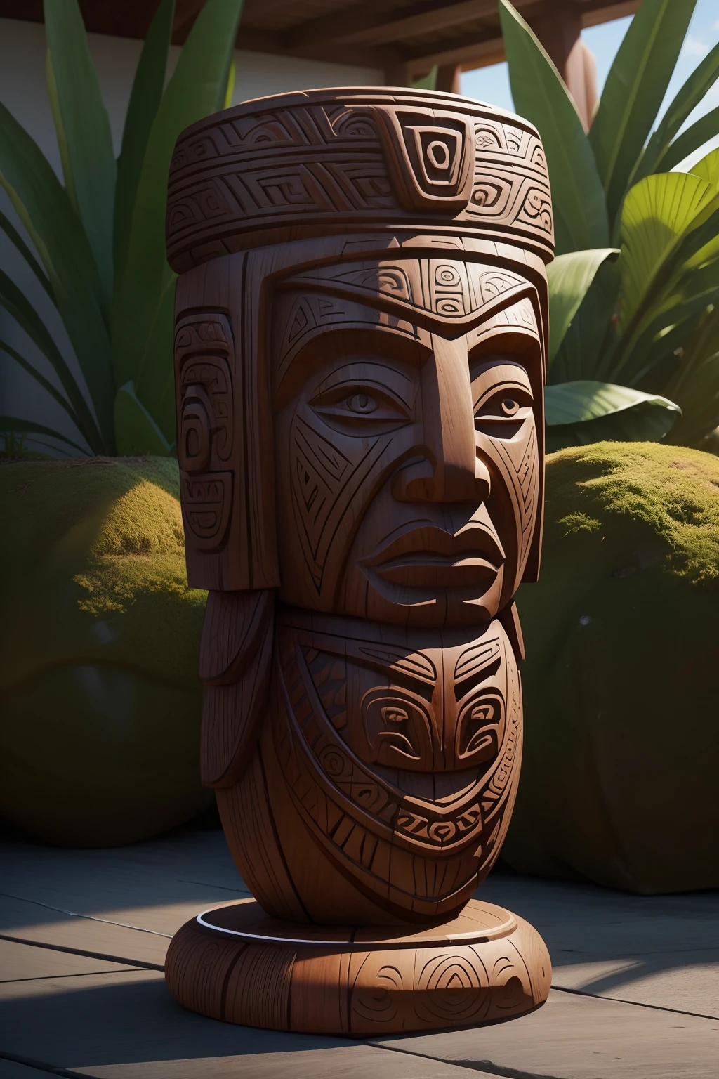 Tradicional maori tiki statue, tiki made of wood, hyperrealistic, 4k