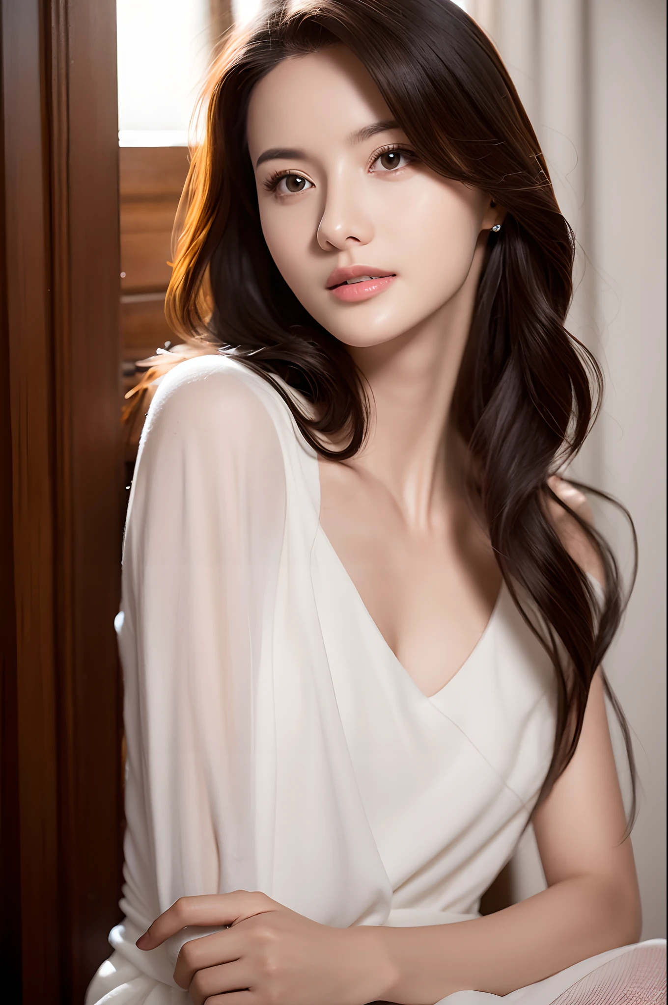 (Solo:1.5),(High-resolution 8K raw photos are realistic,best qualtiy),cleavage,woman,(off the shoulder dress),half-body shots,(Long brown hair),Skinny and small,beautidful eyes,Super detailed face,Beautiful woman,tight-fitting,Bigchest,age uncensored,cute women,Glowing skin, 20yr old,inside in room,(Front light:1.2),Sharpen