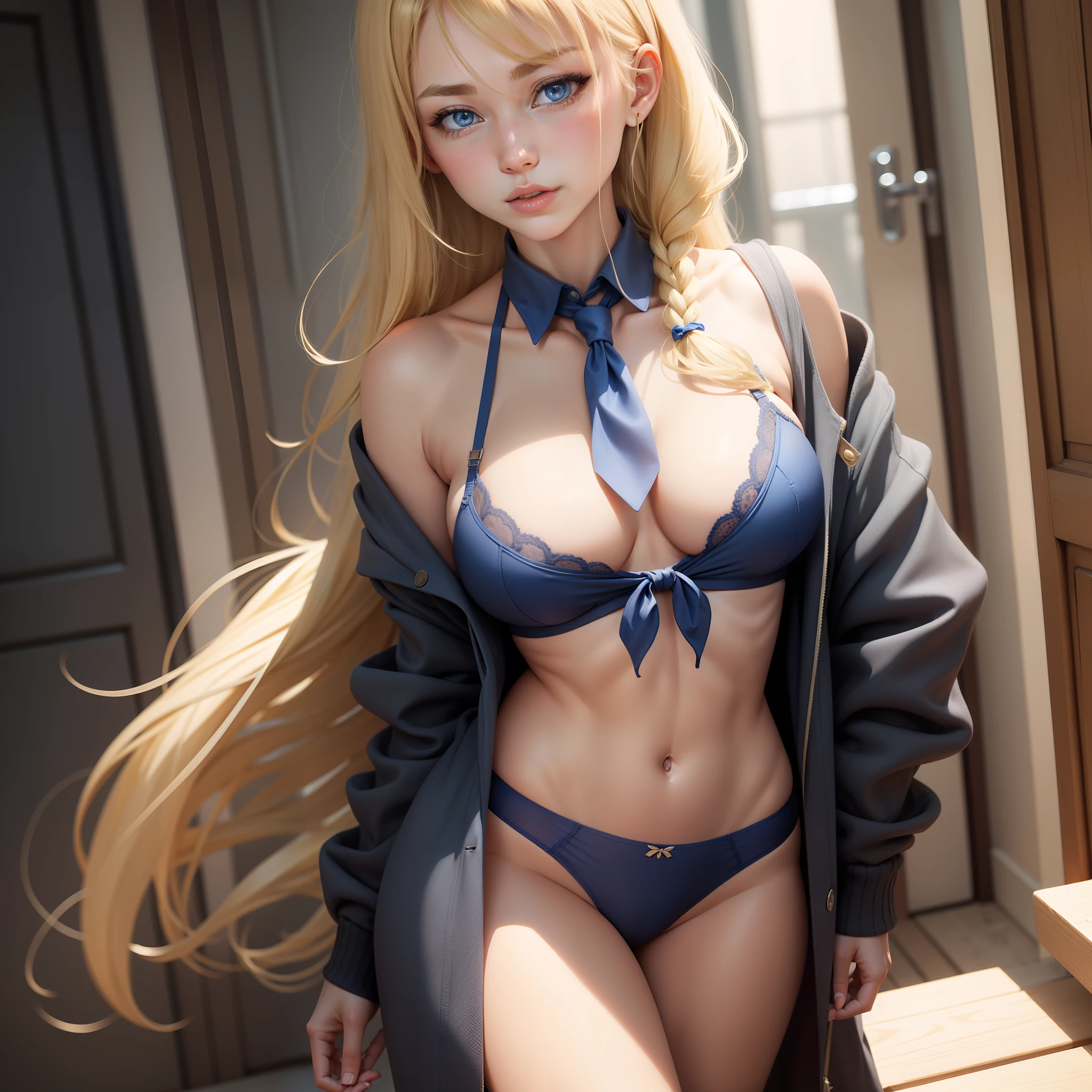 Blonde hair with blue eyes,B cup chest,Excellent figure,Wear underwear and underwear,No coat,Single horsetail,Tie your hair