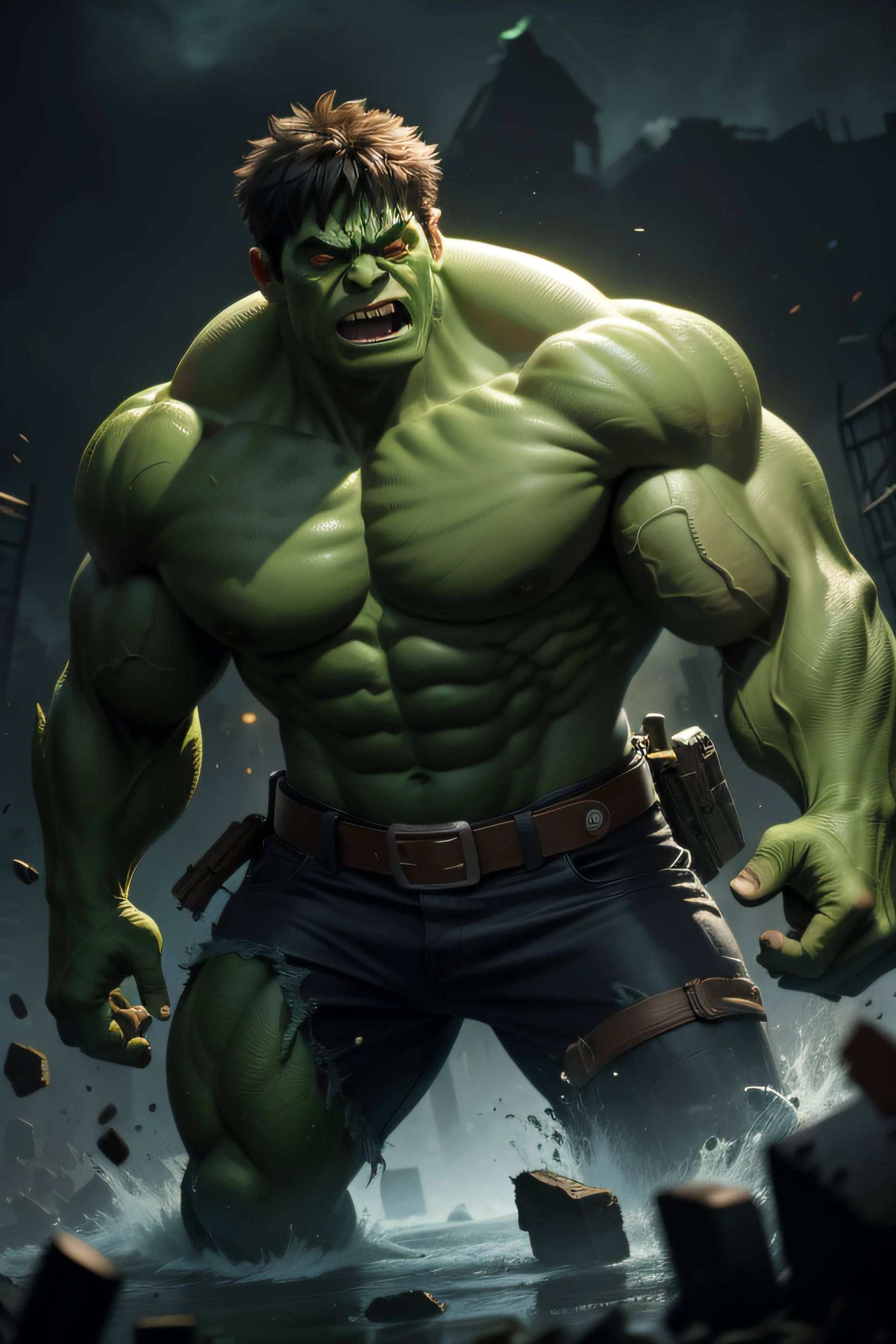 Hulk, monstruoso, alta realidade, Wreckage scenario, personagem desfocado, dark backdrop,