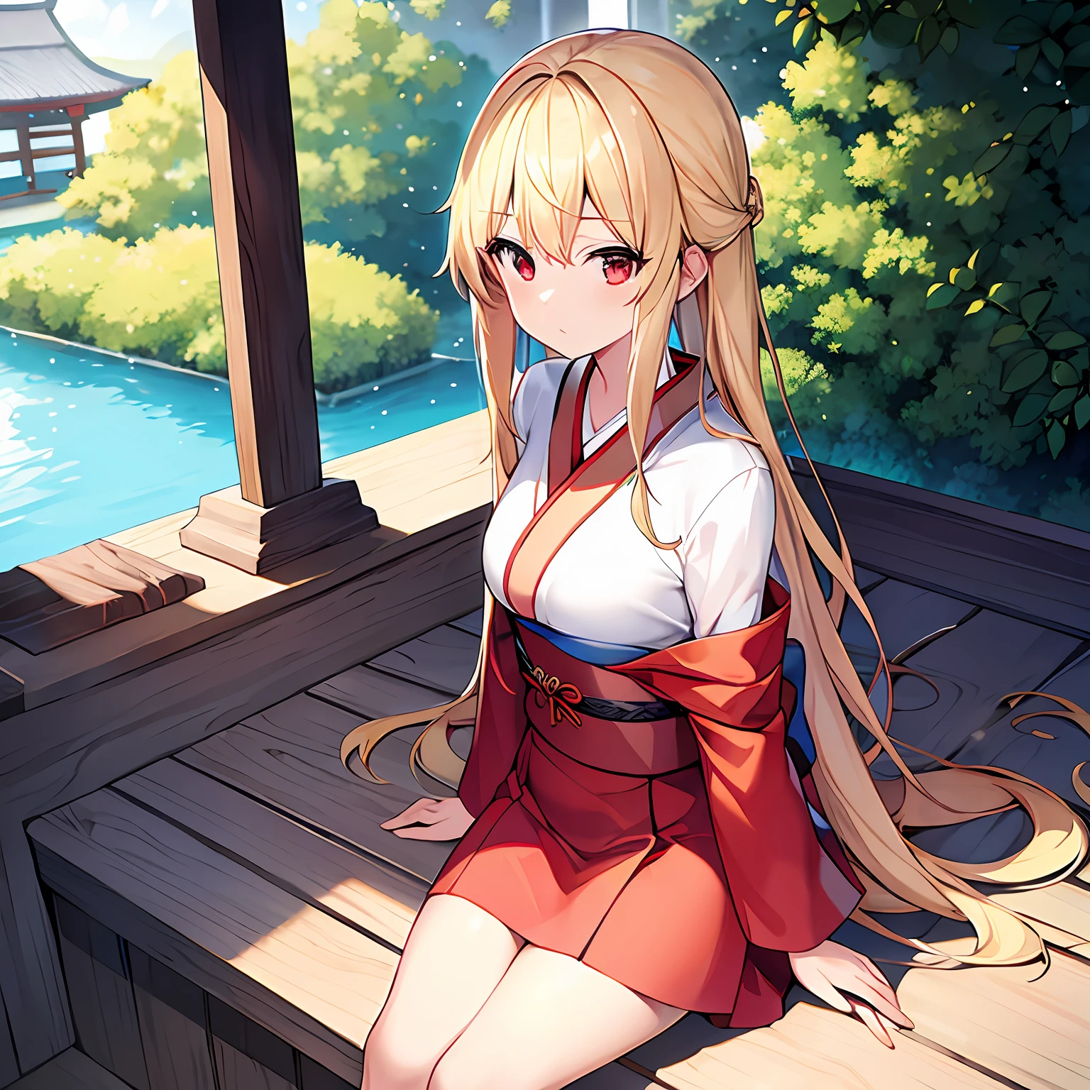 a blond、red eyes、Beautiful girl alone、独奏、animesque、Bright red kimono、a miniskirt、sitting on