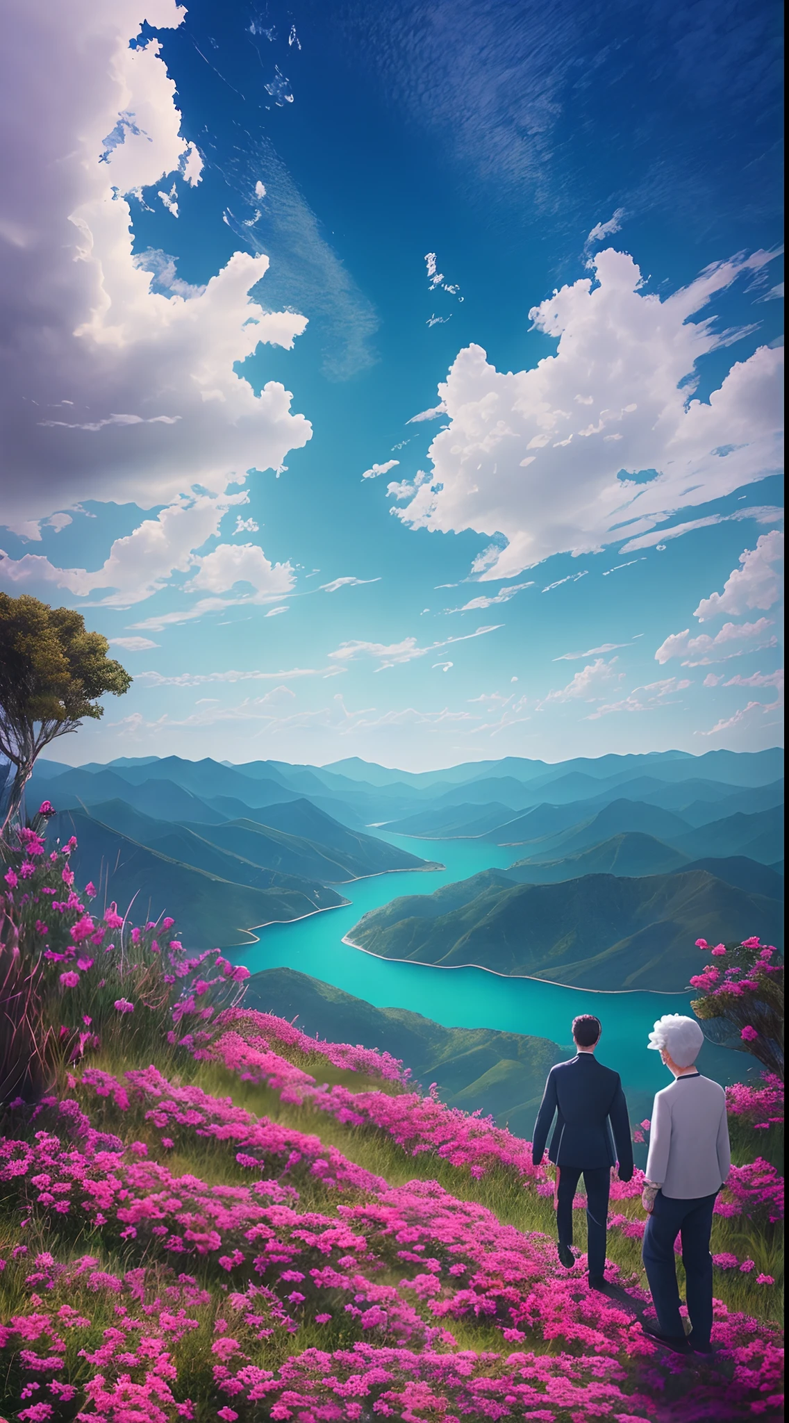 tmasterpiece,Best quality at best,high qulity,the Extremely Detailed CG Unity 8K Wallpapers,scenecy,exteriors,Skysky,clouds,daysies,two old people,Back Shadow,mont,scenecy,Eau,The tree,blue-sky,waterfallr,precipice,naturey,lakes,rios,Cloudy sky,award winning photography,Background bokeh,depth of fields,HDR,blooms,color difference,真实感,The is very detailed,Trends on Artstation,Trends on CGSociety,iintricate,high detal,dramatics,Midjourney art