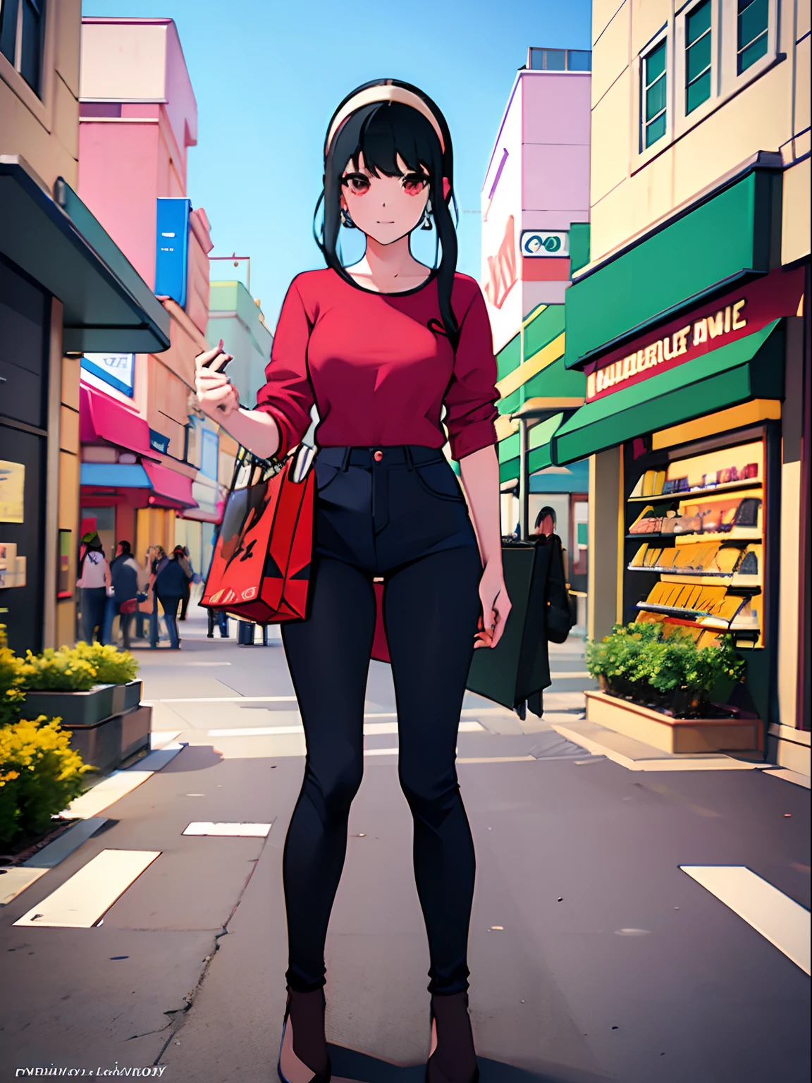 "1girl in casual attire walking down a vibrant shopping street, making eye contact with the viewer, exuding beauty."